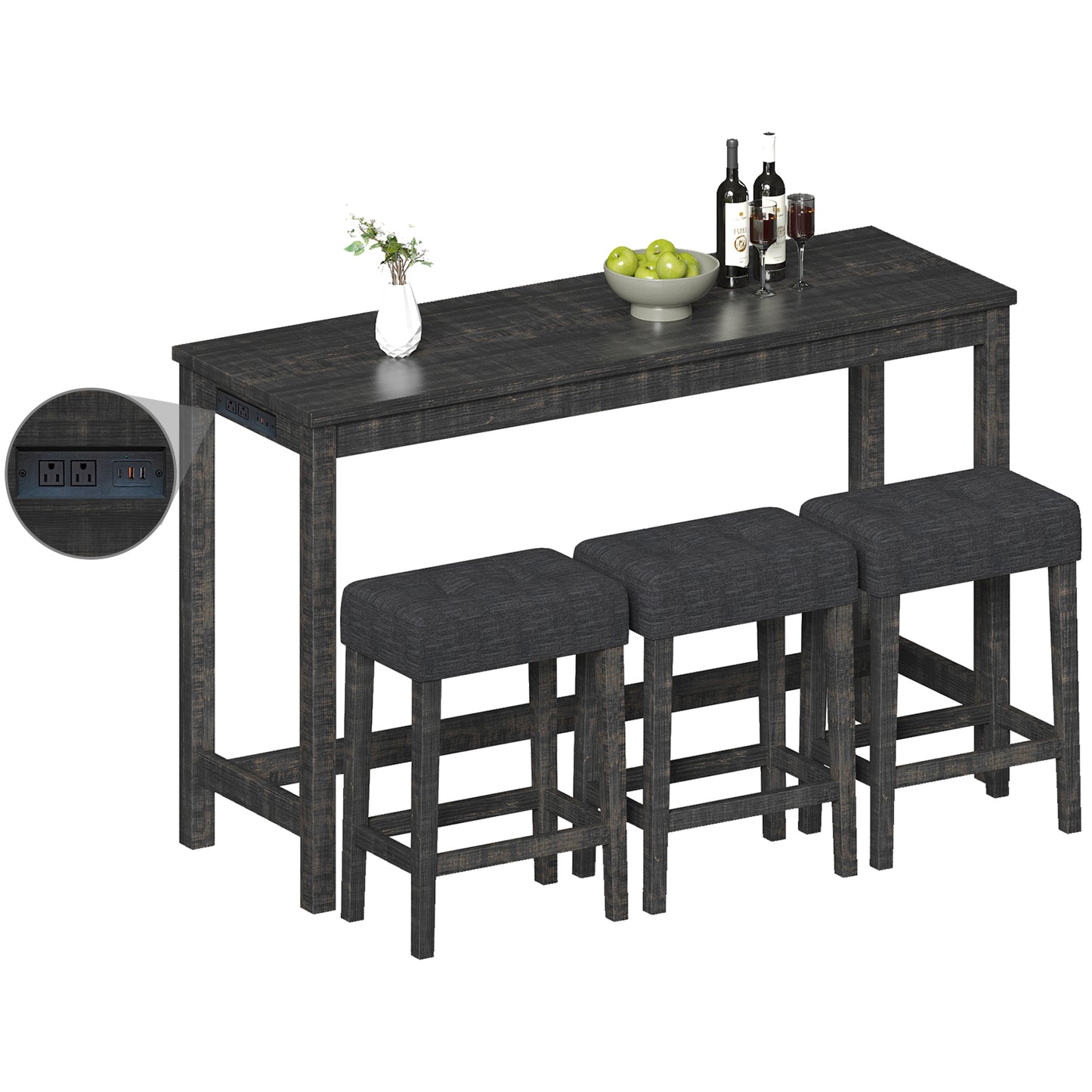 FAGAGA 4 Piece Dining Table Set for 3, Table with Charging Station, Wood Counter Height Bar Table Set with Upholstered Stools