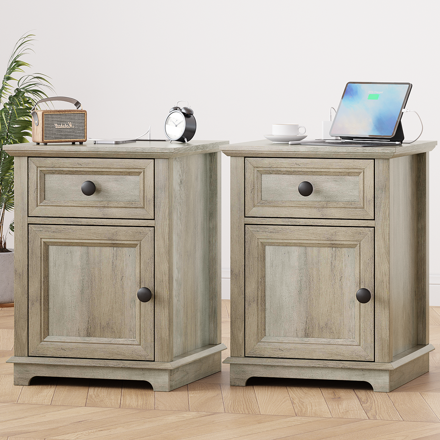 FAGAGA End Table with Fast USB C Charging Station, 24" Tall Sofa Side Table with Magnetic Door and Adjustable Storage Shelf, Wooden Square Storage Cabinet for Living Room, Bedroom, Office