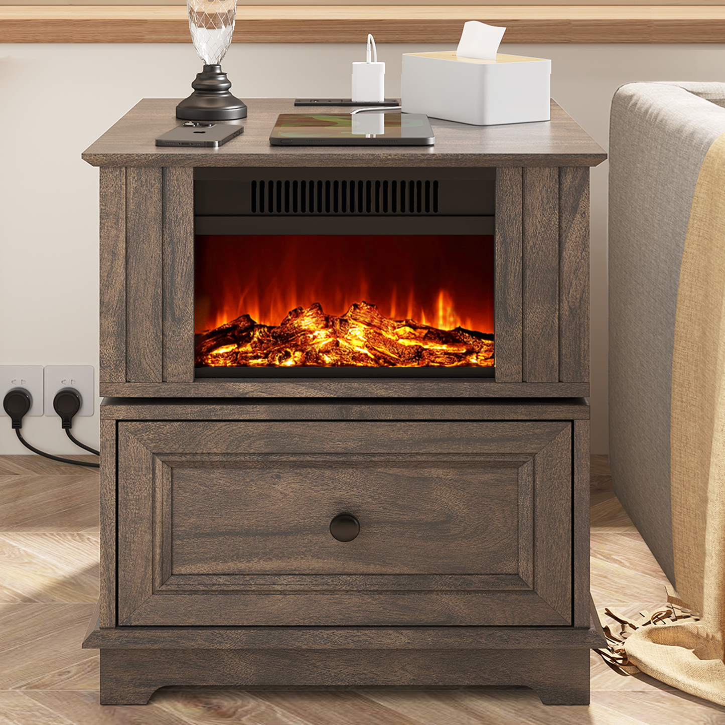 FAGAGA 19.7'' Fireplace End Table with Charging Station, Rotating Square Storage Side Table,Nightstand with Electric Fireplace Heater for Bedroom Living Room