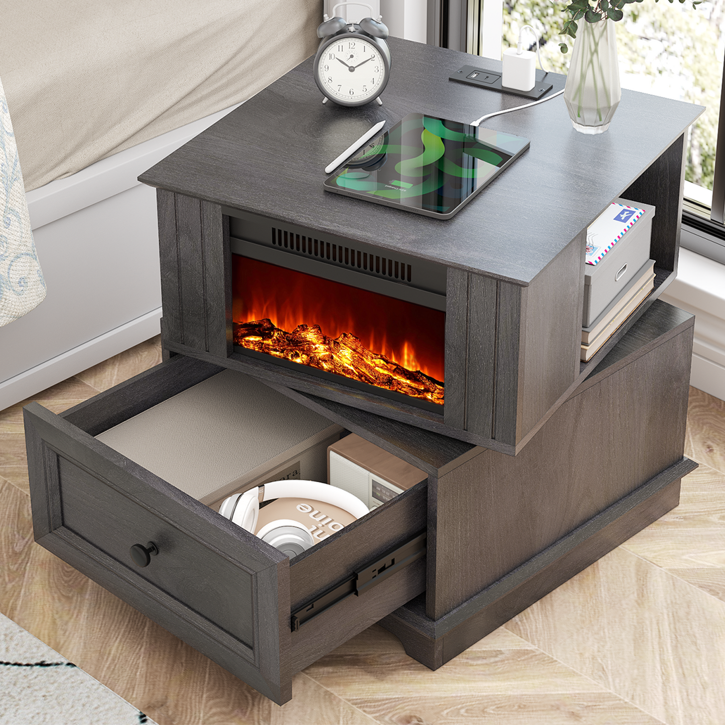 FAGAGA 19.7'' Fireplace End Table with Charging Station, Rotating Square Storage Side Table,Nightstand with Electric Fireplace Heater for Bedroom Living Room