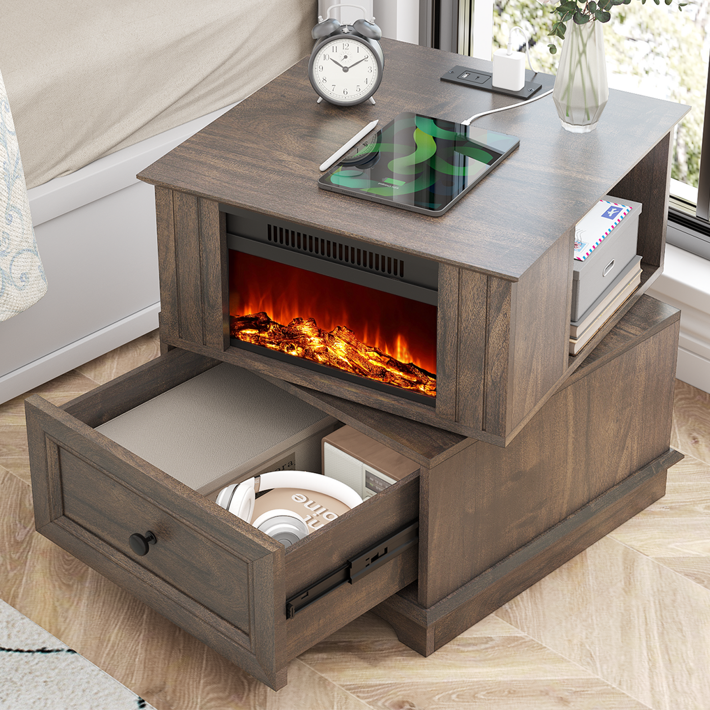 FAGAGA 19.7'' Fireplace End Table with Charging Station, Rotating Square Storage Side Table,Nightstand with Electric Fireplace Heater for Bedroom Living Room