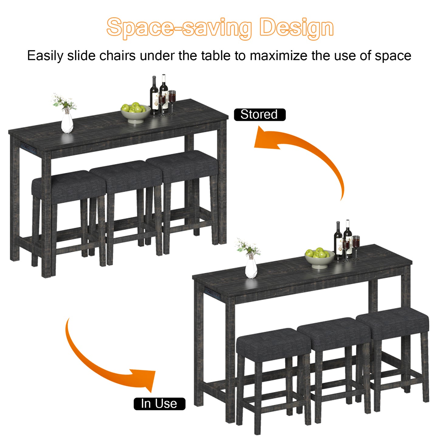 FAGAGA 4 Piece Dining Table Set for 3, Table with Charging Station, Wood Counter Height Bar Table Set with Upholstered Stools