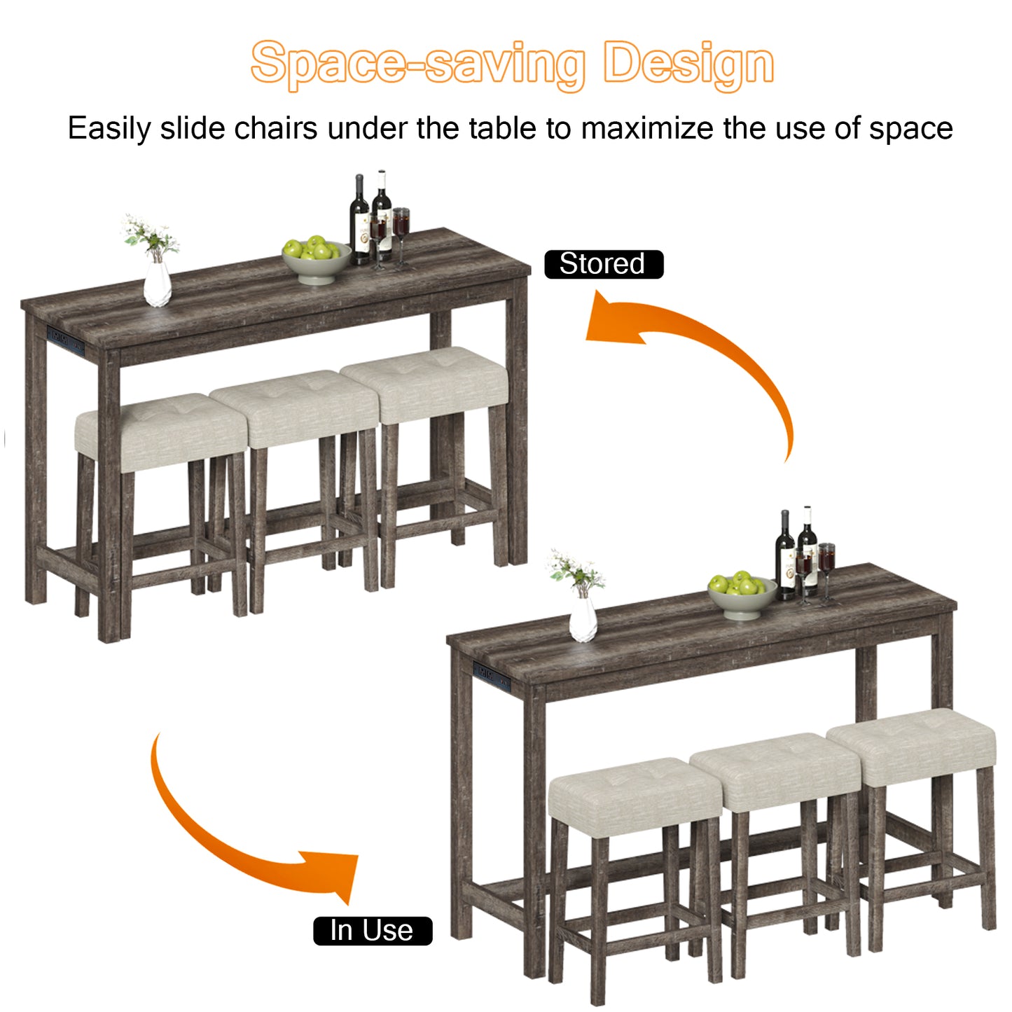 FAGAGA 4 Piece Dining Table Set for 3, Table with Charging Station, Wood Counter Height Bar Table Set with Upholstered Stools