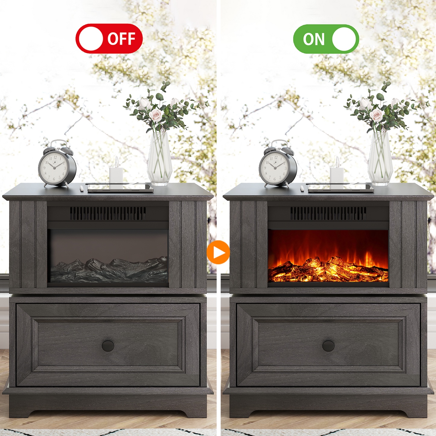 FAGAGA 19.7'' Fireplace End Table with Charging Station, Rotating Square Storage Side Table,Nightstand with Electric Fireplace Heater for Bedroom Living Room