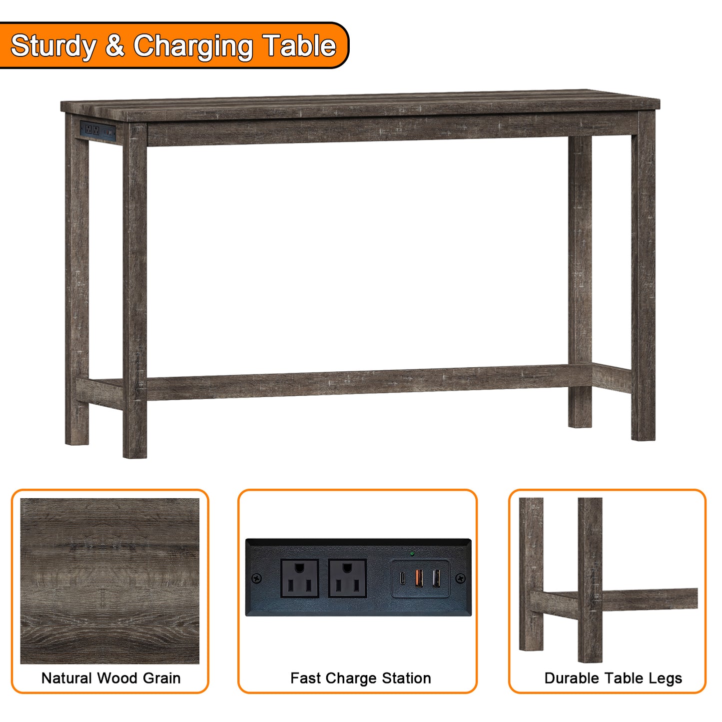 FAGAGA 4 Piece Dining Table Set for 3, Table with Charging Station, Wood Counter Height Bar Table Set with Upholstered Stools