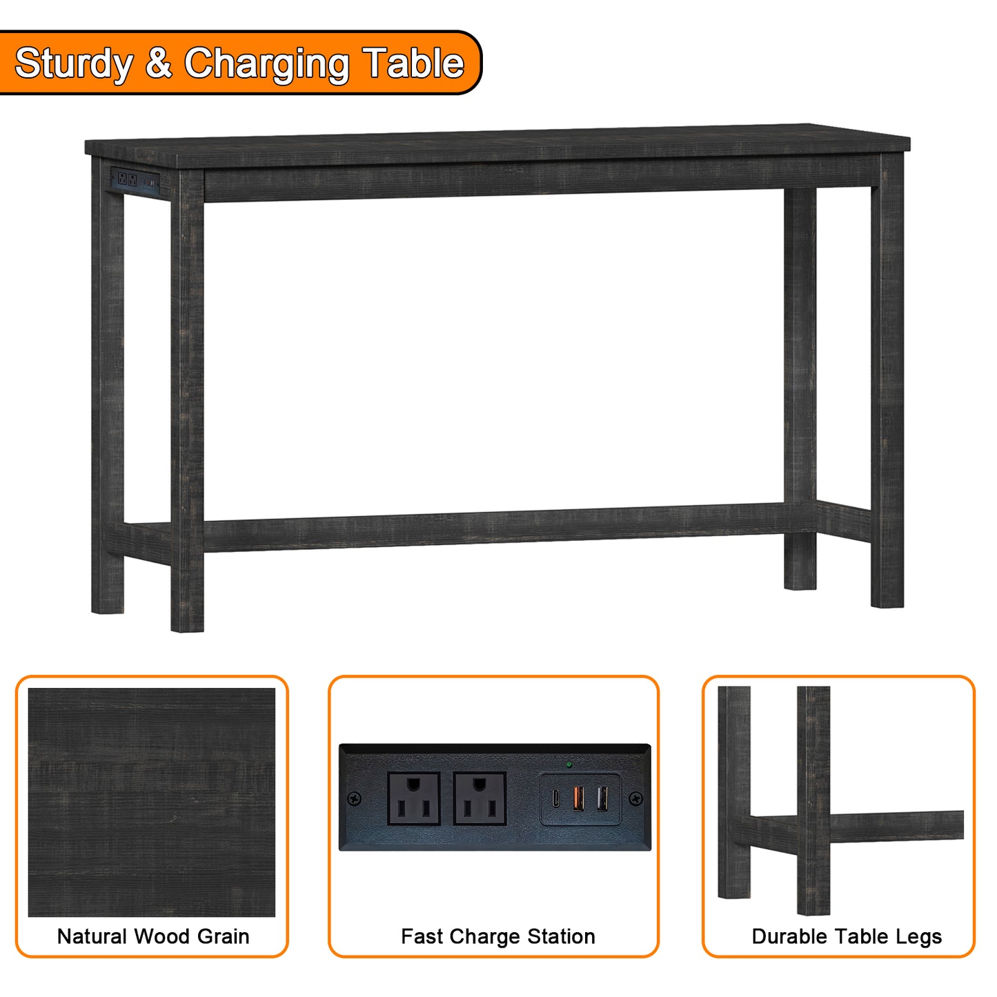 FAGAGA 4 Piece Dining Table Set for 3, Table with Charging Station, Wood Counter Height Bar Table Set with Upholstered Stools