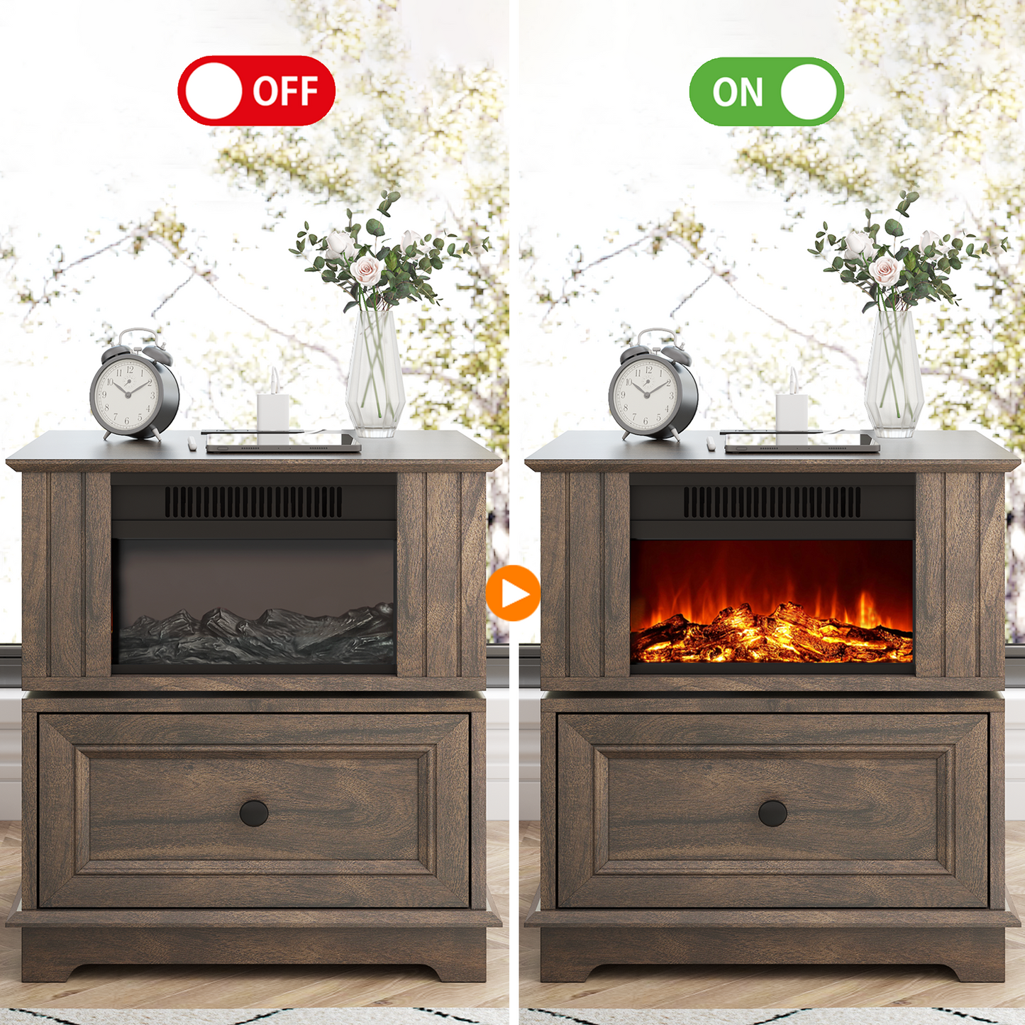 FAGAGA 19.7'' Fireplace End Table with Charging Station, Rotating Square Storage Side Table,Nightstand with Electric Fireplace Heater for Bedroom Living Room