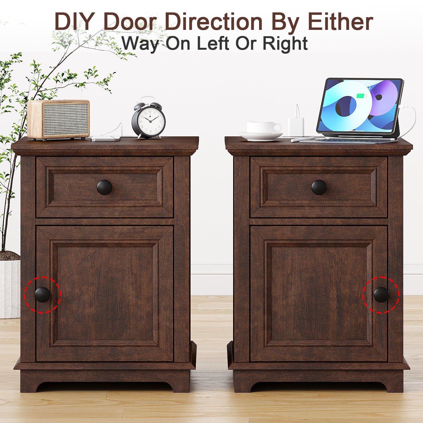 FAGAGA End Table with Fast USB C Charging Station, 24" Tall Sofa Side Table with Magnetic Door and Adjustable Storage Shelf, Wooden Square Storage Cabinet for Living Room, Bedroom, Office