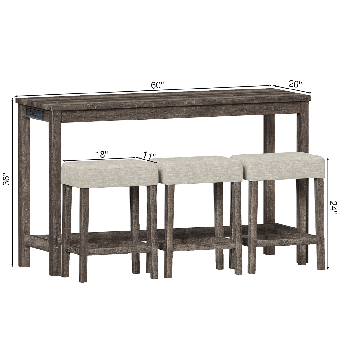 FAGAGA 4 Piece Dining Table Set for 3, Table with Charging Station, Wood Counter Height Bar Table Set with Upholstered Stools