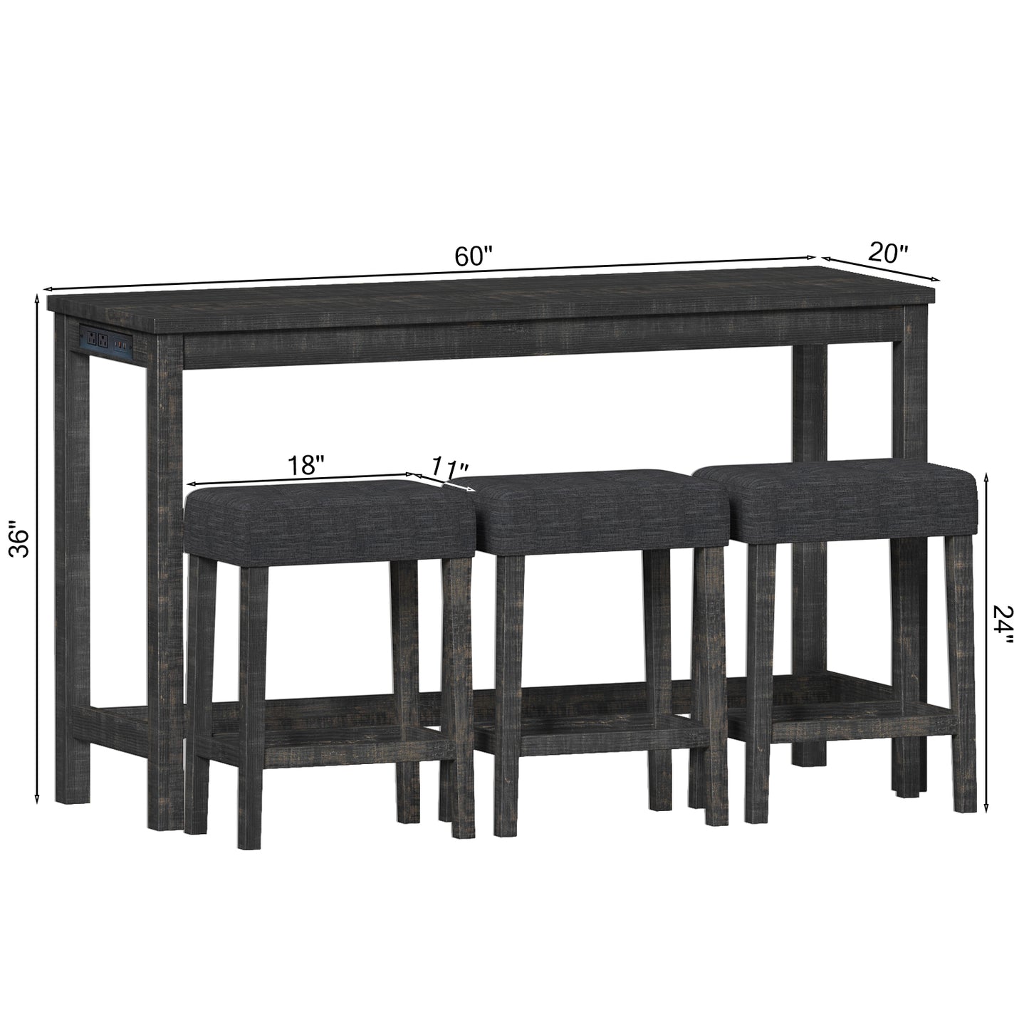 FAGAGA 4 Piece Dining Table Set for 3, Table with Charging Station, Wood Counter Height Bar Table Set with Upholstered Stools