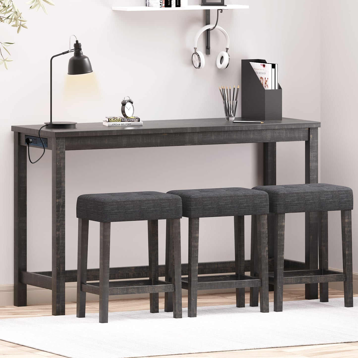 FAGAGA 4 Piece Dining Table Set for 3, Table with Charging Station, Wood Counter Height Bar Table Set with Upholstered Stools