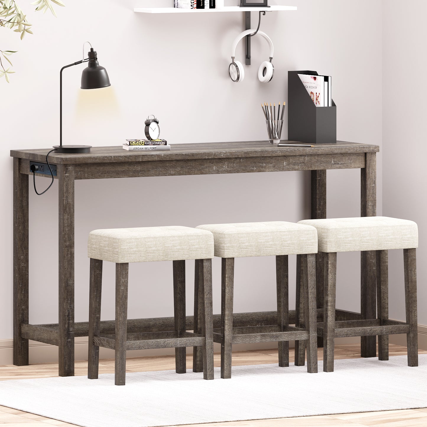 FAGAGA 4 Piece Dining Table Set for 3, Table with Charging Station, Wood Counter Height Bar Table Set with Upholstered Stools
