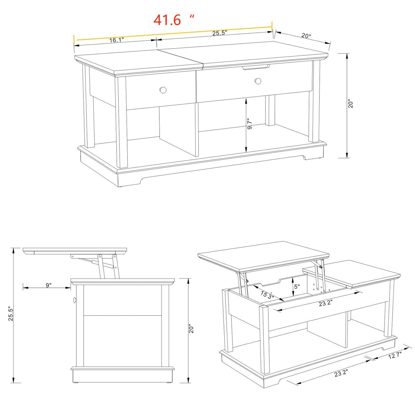 FAGAGA Lift Top Coffee Table with Storage, Living Room Coffee Table, Retro Coffee Table with Hidden Compartment, Center Table for Office Use, Reception for Living Room
