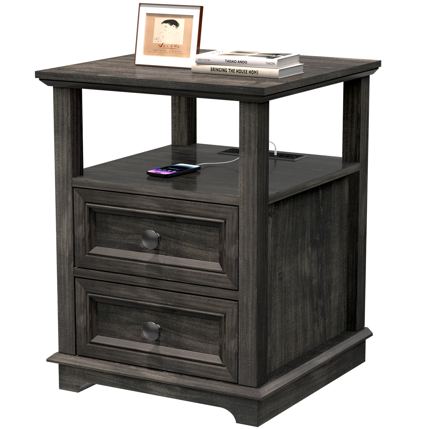 FAGAGA End Table with Fast USB C Charging Station, 24" Tall Sofa Side Table with 2 Drawers, Large Storage Rustic Wood Square Nightstand for Living Room, Bedroom, Office