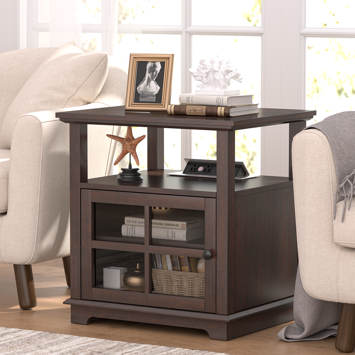 FAGAGA Living Room Side Table, End Table with Charging Station, Farmhouse Wood Nightstand with Large Storage, Bedside Table for Bedroom, Brown