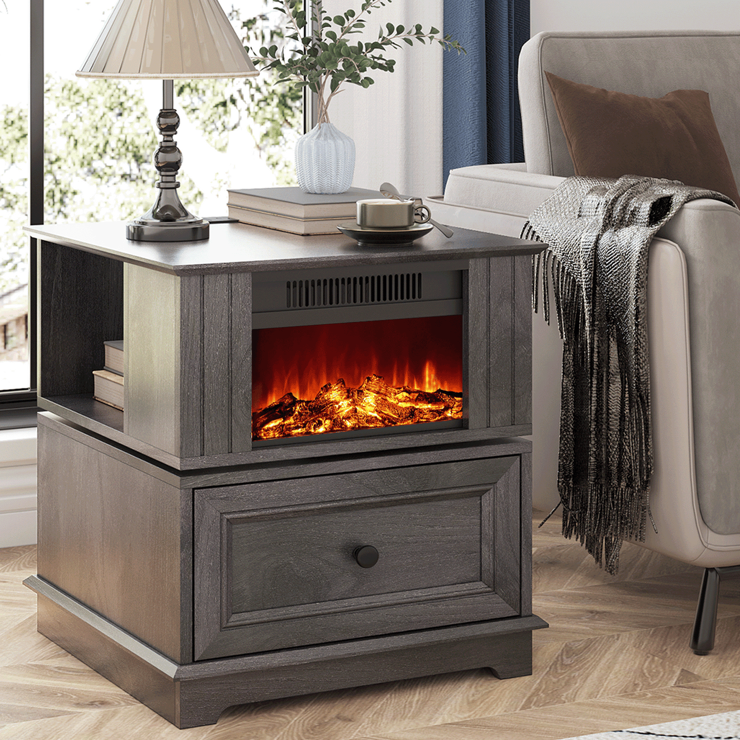 FAGAGA 19.7'' Fireplace End Table with Charging Station, Rotating Square Storage Side Table,Nightstand with Electric Fireplace Heater for Bedroom Living Room