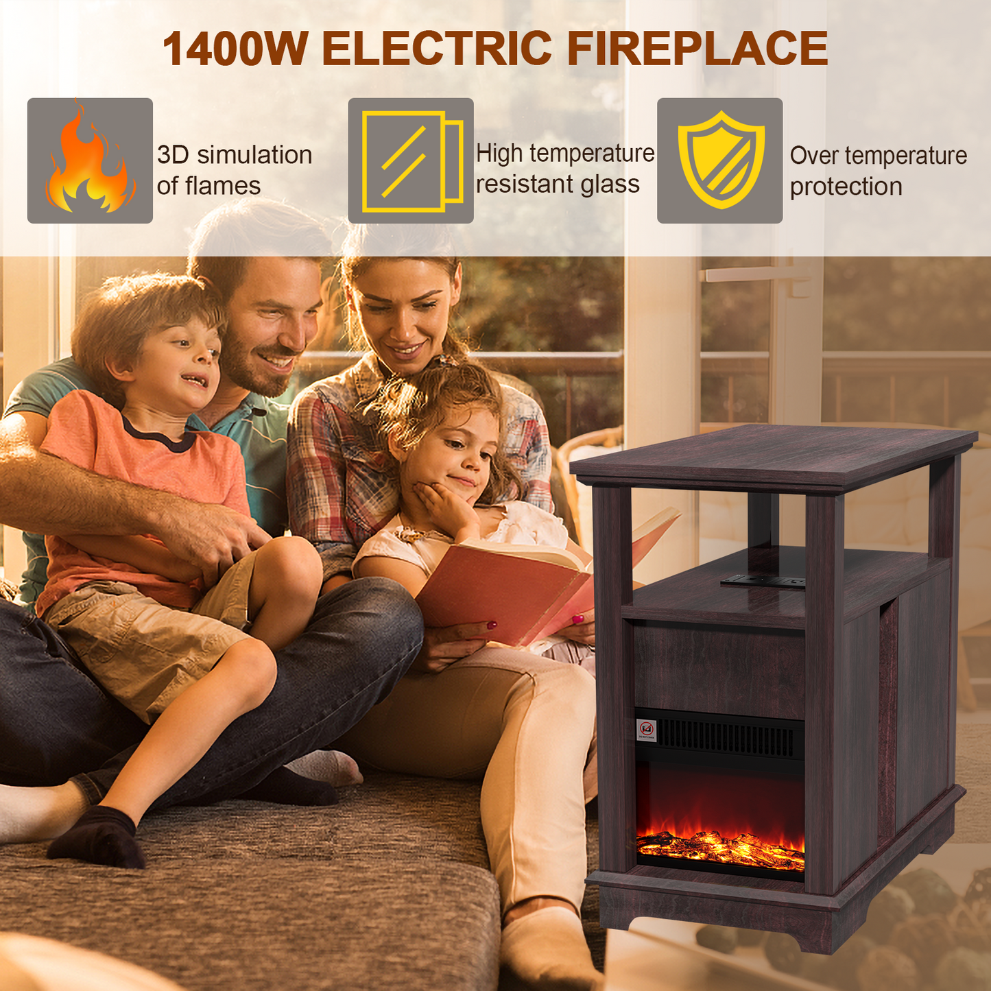 FAGAGA 14.7" Fireplace End Table with Charging Station, Storage Narrow Side Table, Wooden Nightstand with Electric Fireplace Heater for Bedroom Living Room