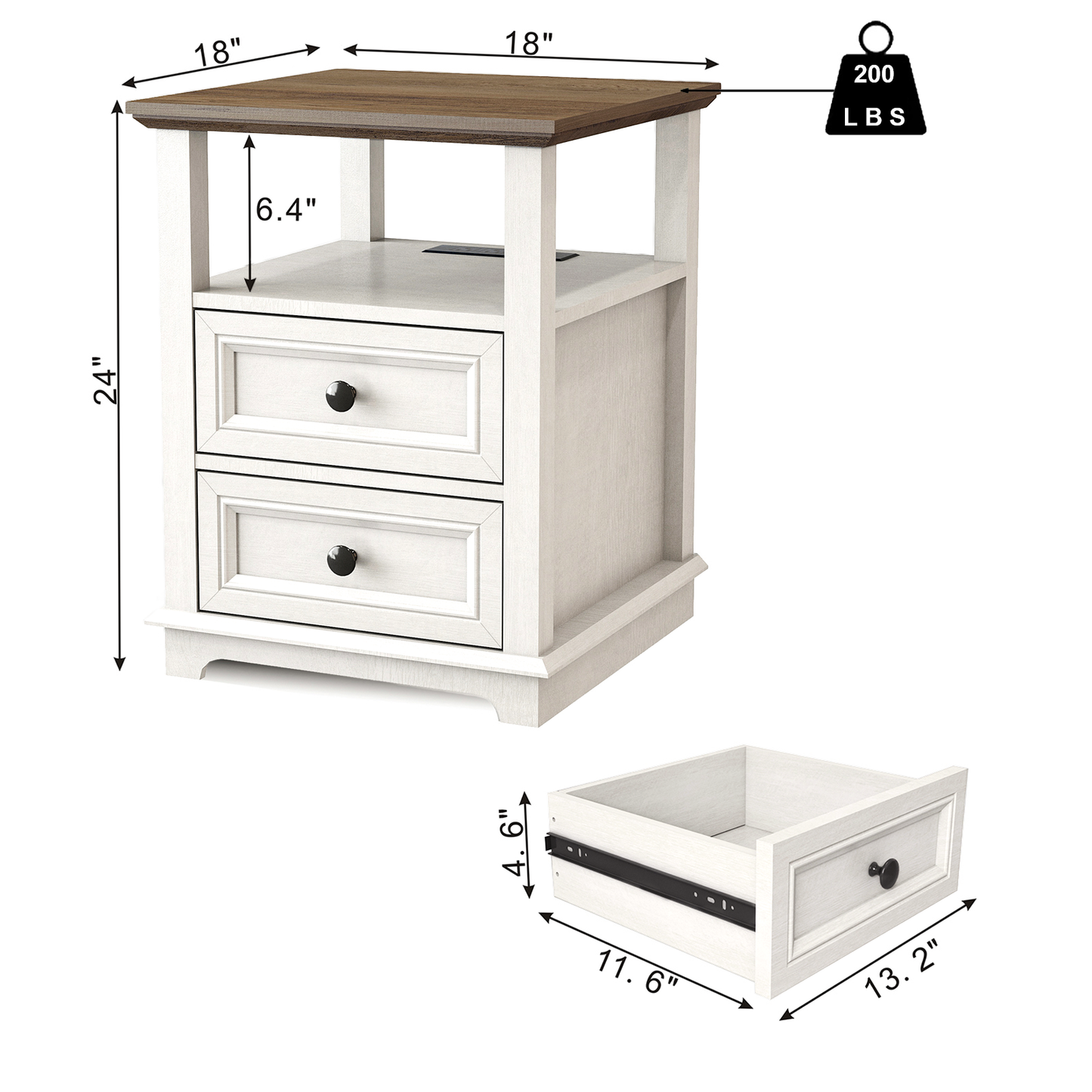 FAGAGA End Table with Fast USB C Charging Station, 24" Tall Sofa Side Table with 2 Drawers, Large Storage Rustic Wood Square Nightstand for Living Room, Bedroom, Office