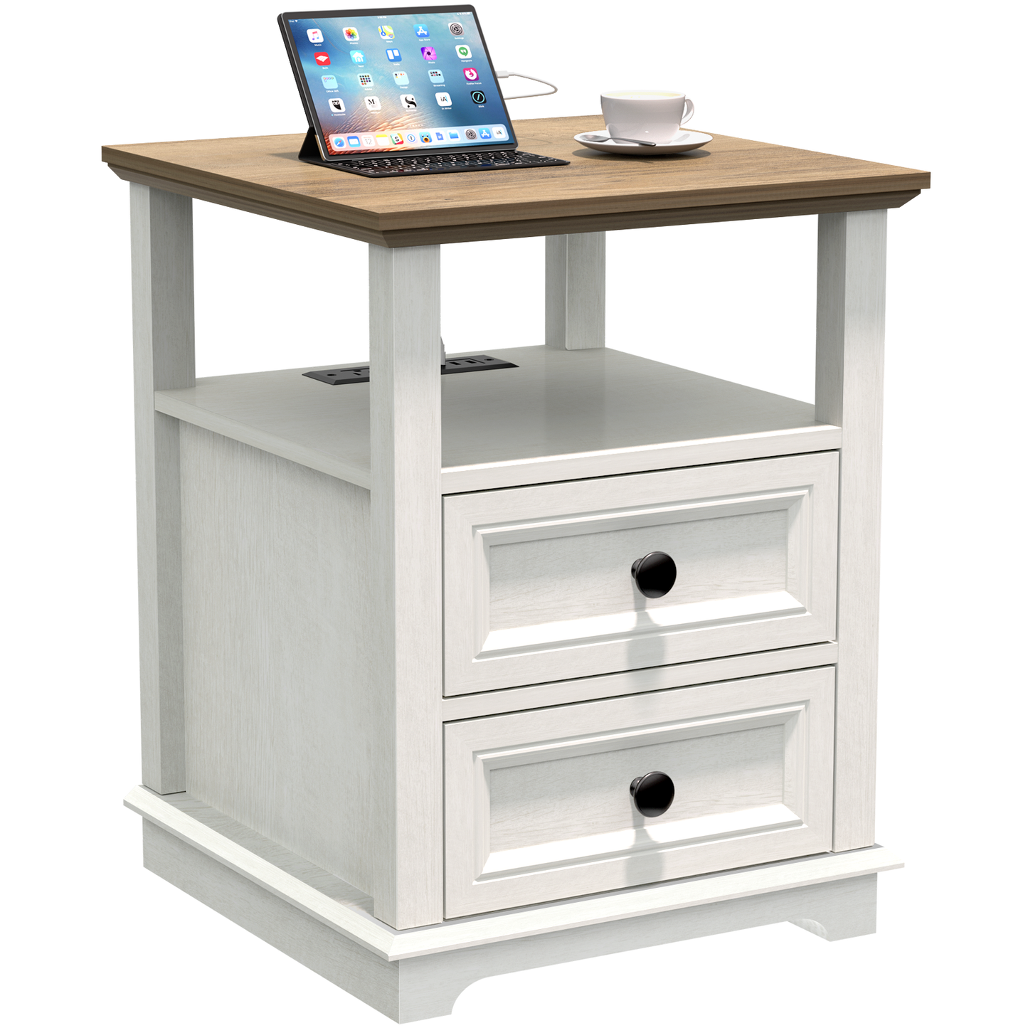 FAGAGA End Table with Fast USB C Charging Station, 24" Tall Sofa Side Table with 2 Drawers, Large Storage Rustic Wood Square Nightstand for Living Room, Bedroom, Office