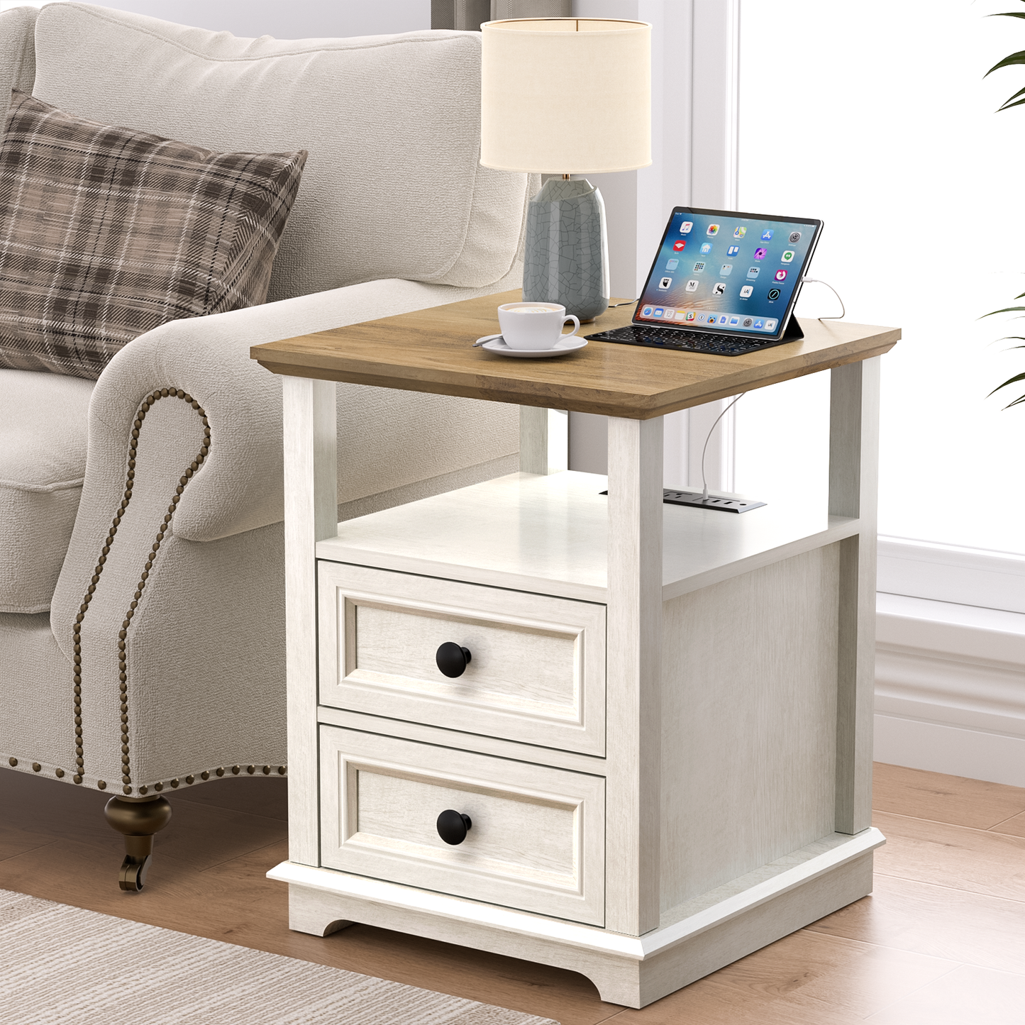 FAGAGA End Table with Fast USB C Charging Station, 24" Tall Sofa Side Table with 2 Drawers, Large Storage Rustic Wood Square Nightstand for Living Room, Bedroom, Office