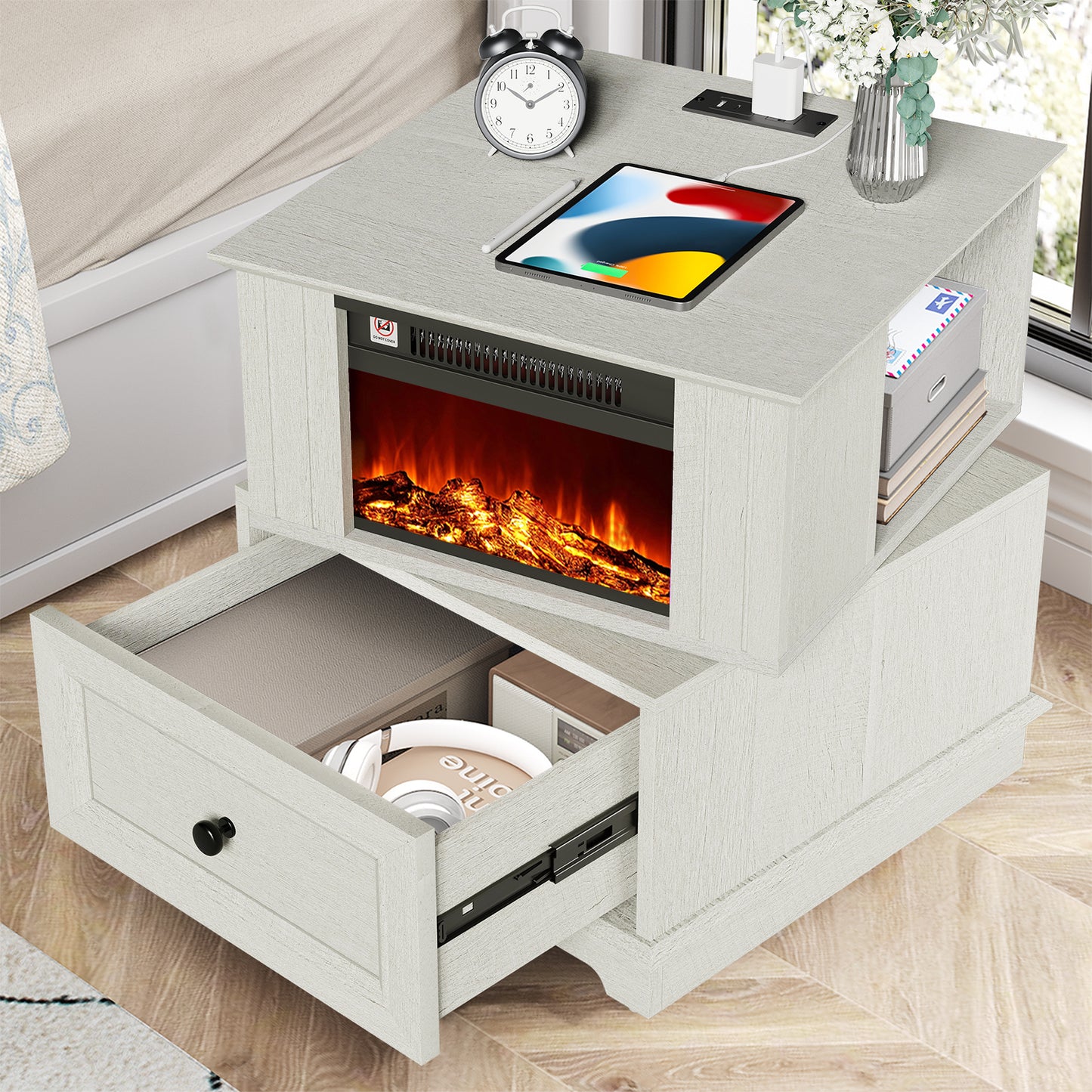 FAGAGA 19.7'' Fireplace End Table with Charging Station, Rotating Square Storage Side Table,Nightstand with Electric Fireplace Heater for Bedroom Living Room