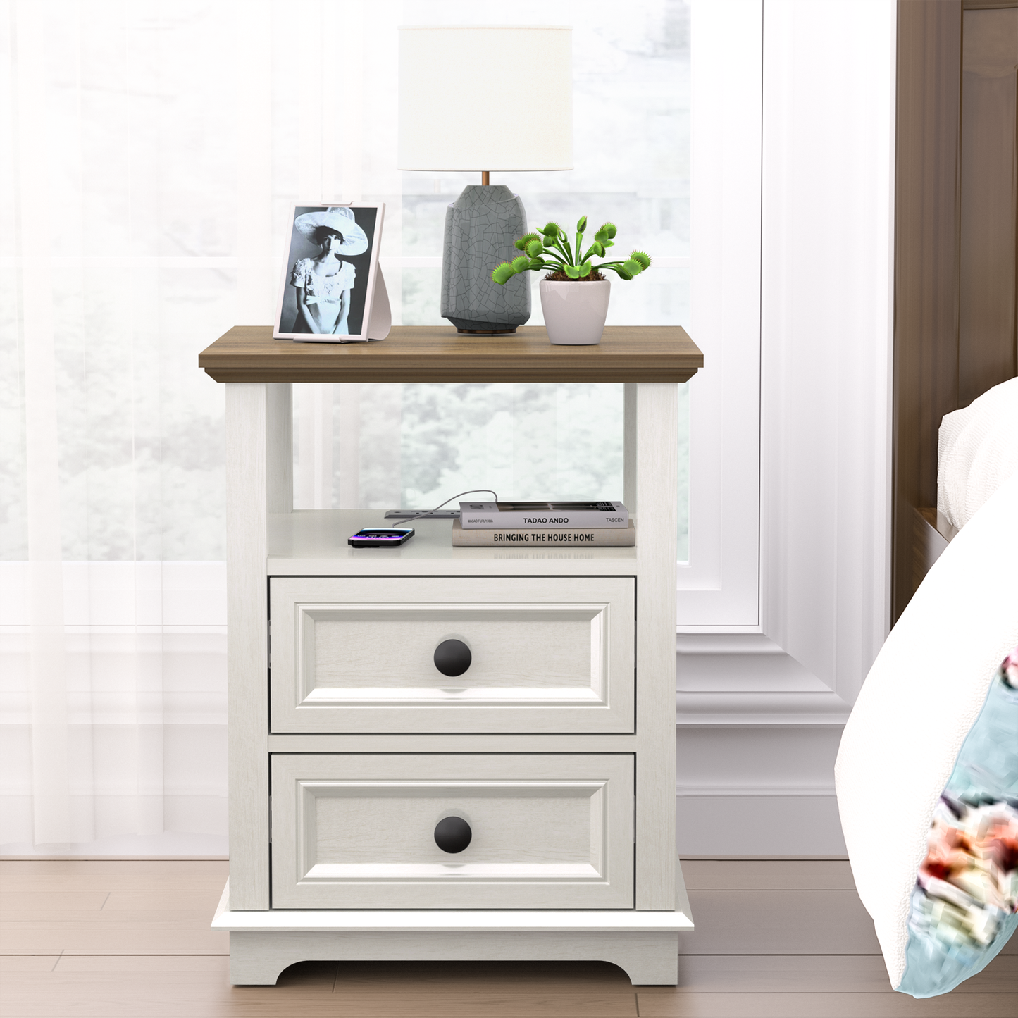 FAGAGA End Table with Fast USB C Charging Station, 24" Tall Sofa Side Table with 2 Drawers, Large Storage Rustic Wood Square Nightstand for Living Room, Bedroom, Office