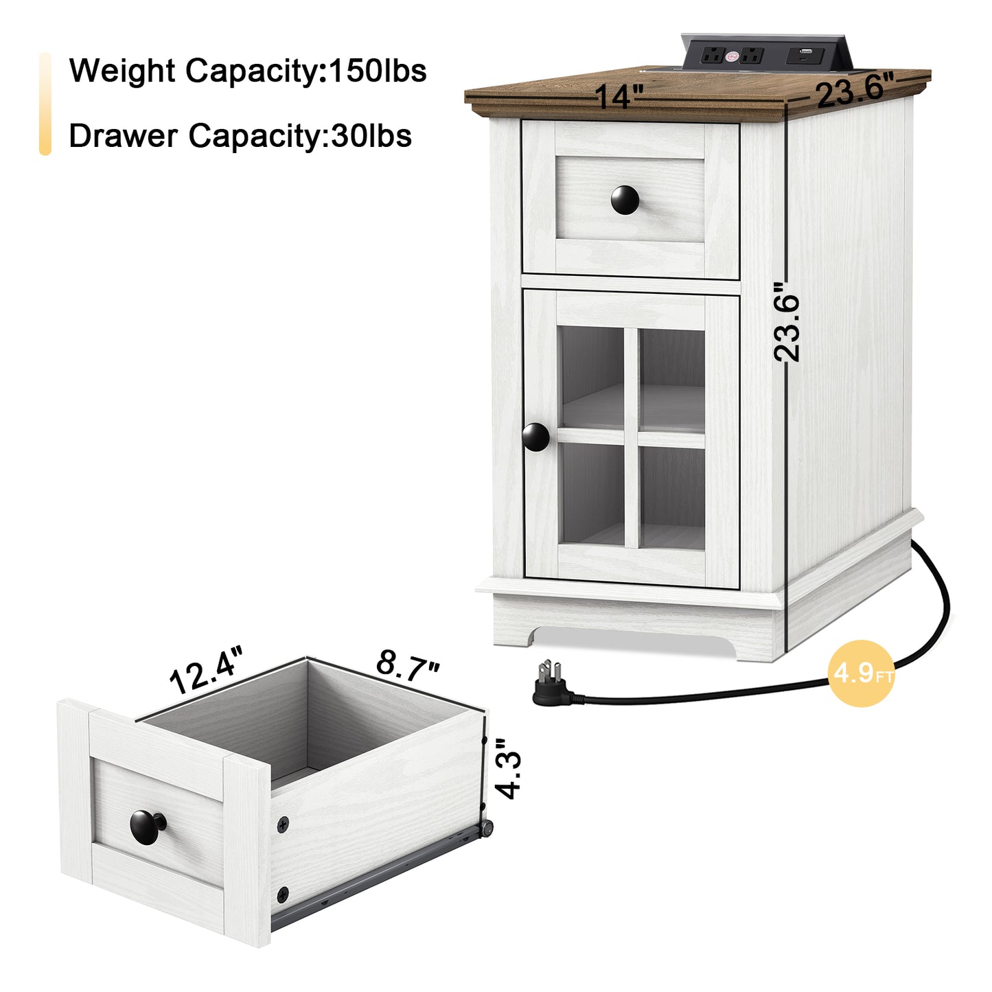 FAGAGA Narrow End Table with Charging Station, 23.6" Tall Sofa Side Table with Drawers, Mid-Century Wood Bedside Tables with Large Storage Space for Bedroom, Living Room