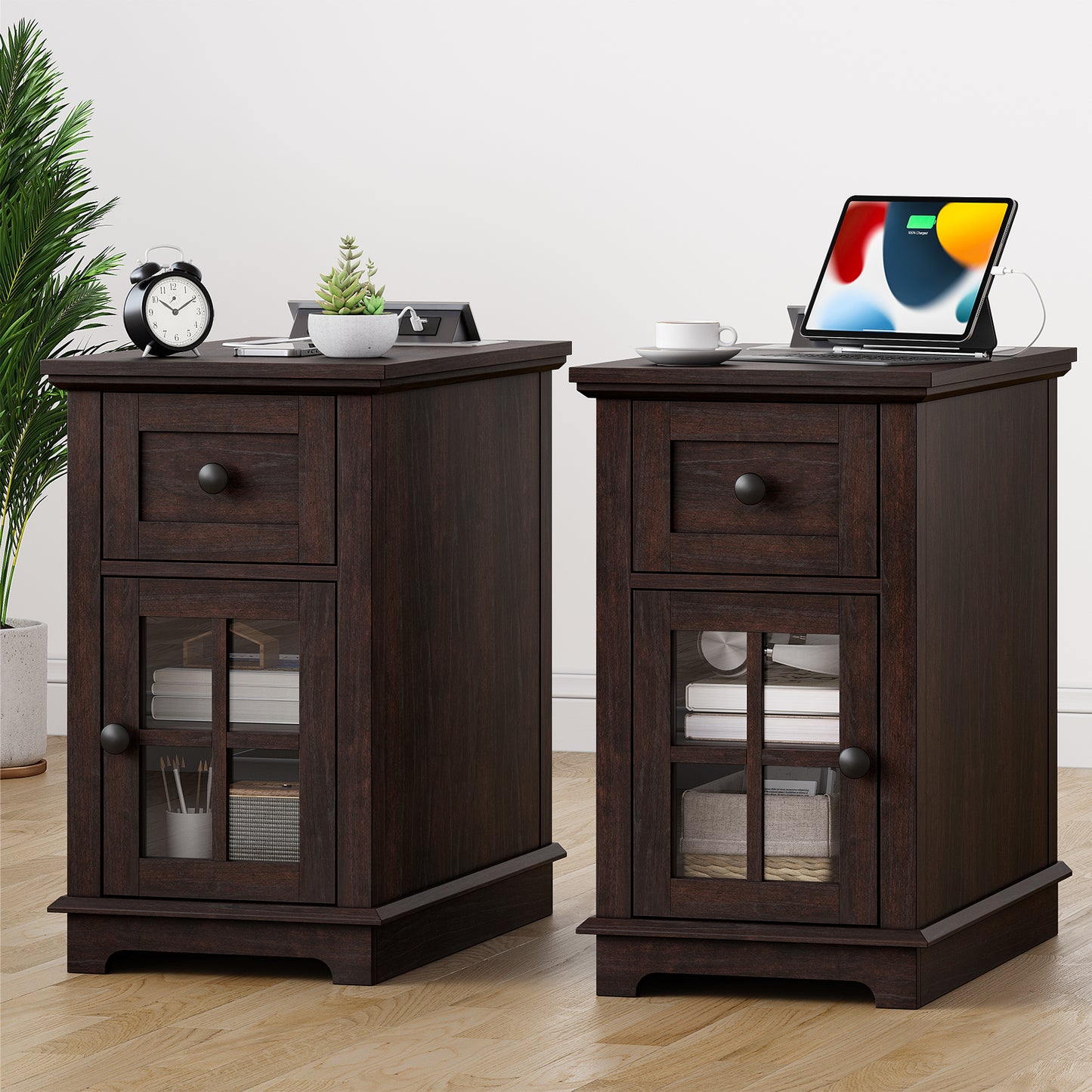 FAGAGA Narrow End Table with Charging Station, 23.6" Tall Sofa Side Table with Drawers, Mid-Century Wood Bedside Tables with Large Storage Space for Bedroom, Living Room