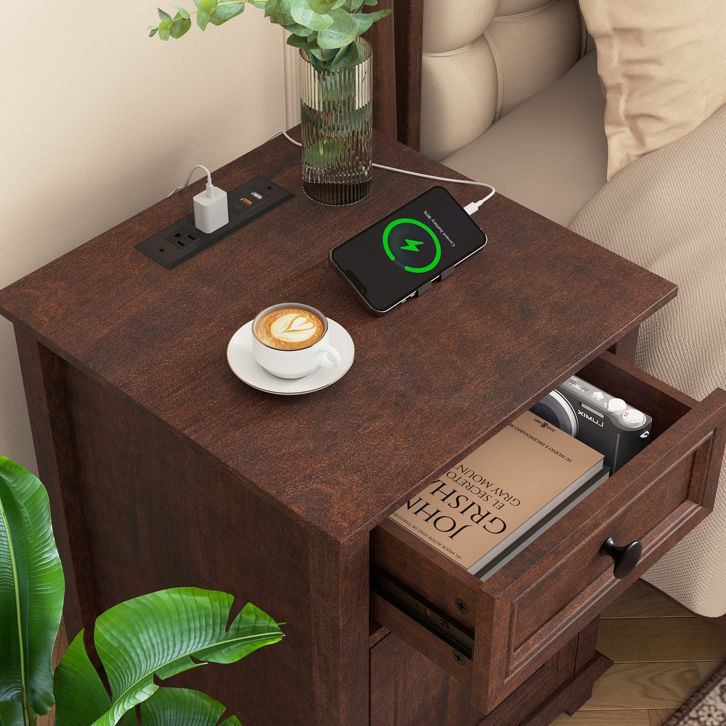 FAGAGA End Table with Fast USB C Charging Station, 24" Tall Sofa Side Table with Magnetic Door and Adjustable Storage Shelf, Wooden Square Storage Cabinet for Living Room, Bedroom, Office