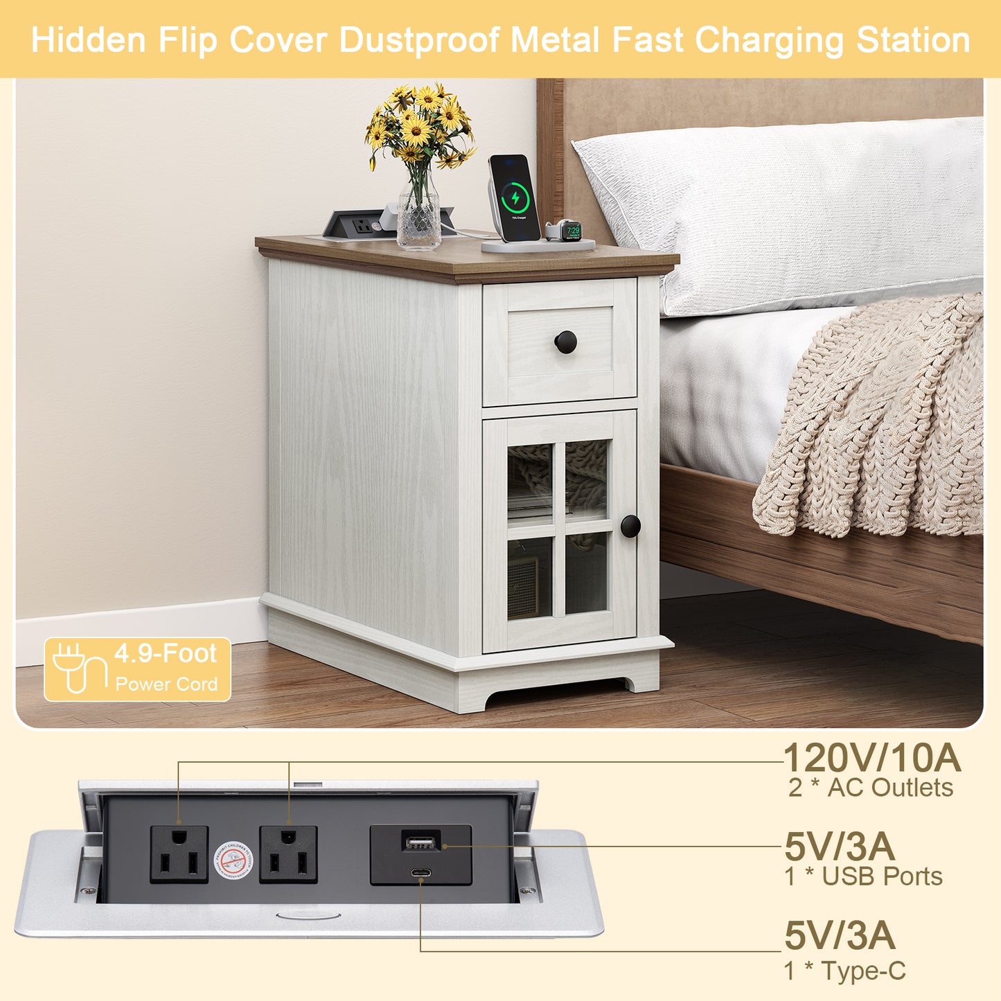 FAGAGA Narrow End Table with Charging Station, 23.6" Tall Sofa Side Table with Drawers, Mid-Century Wood Bedside Tables with Large Storage Space for Bedroom, Living Room