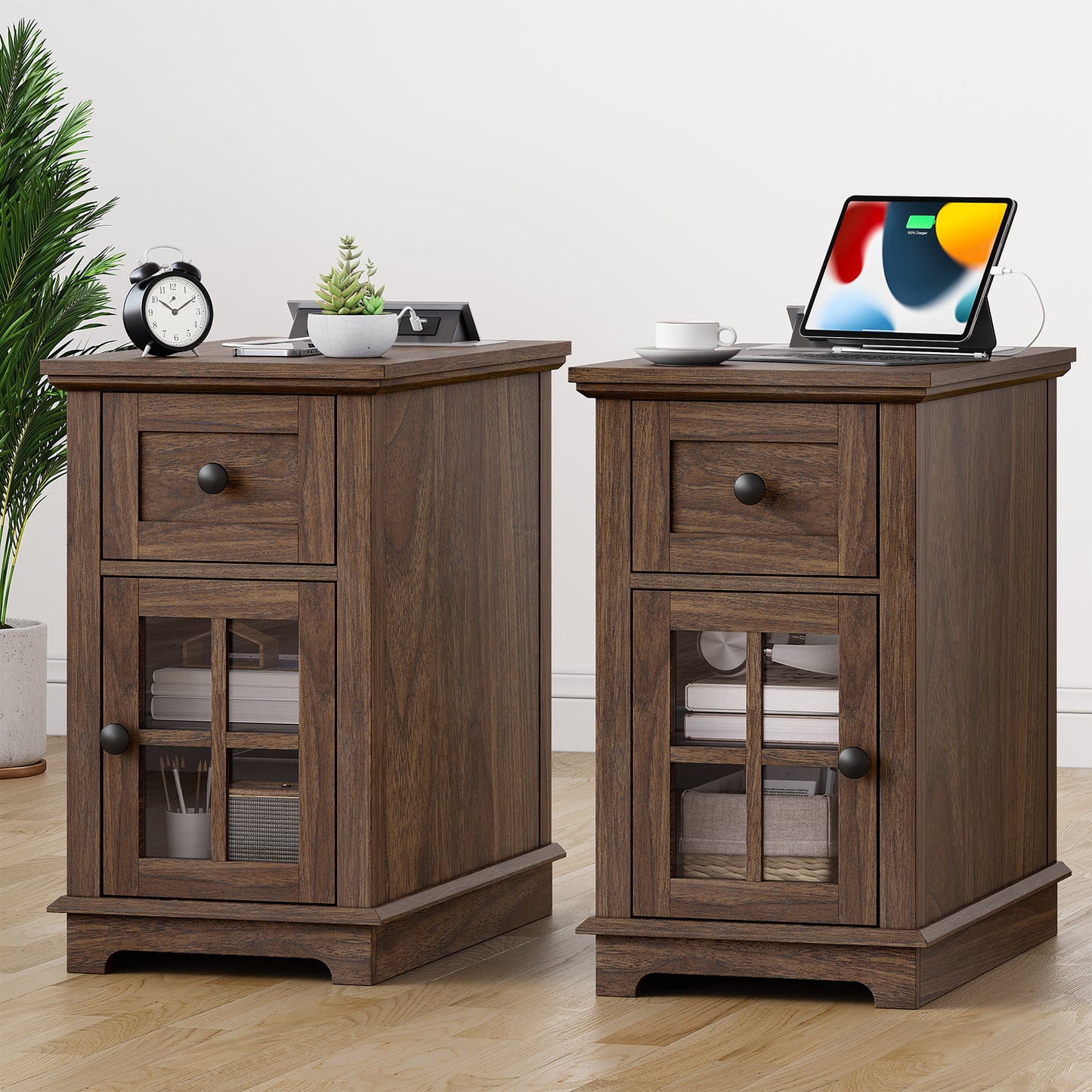 FAGAGA Narrow End Table with Charging Station, 23.6" Tall Sofa Side Table with Drawers, Mid-Century Wood Bedside Tables with Large Storage Space for Bedroom, Living Room