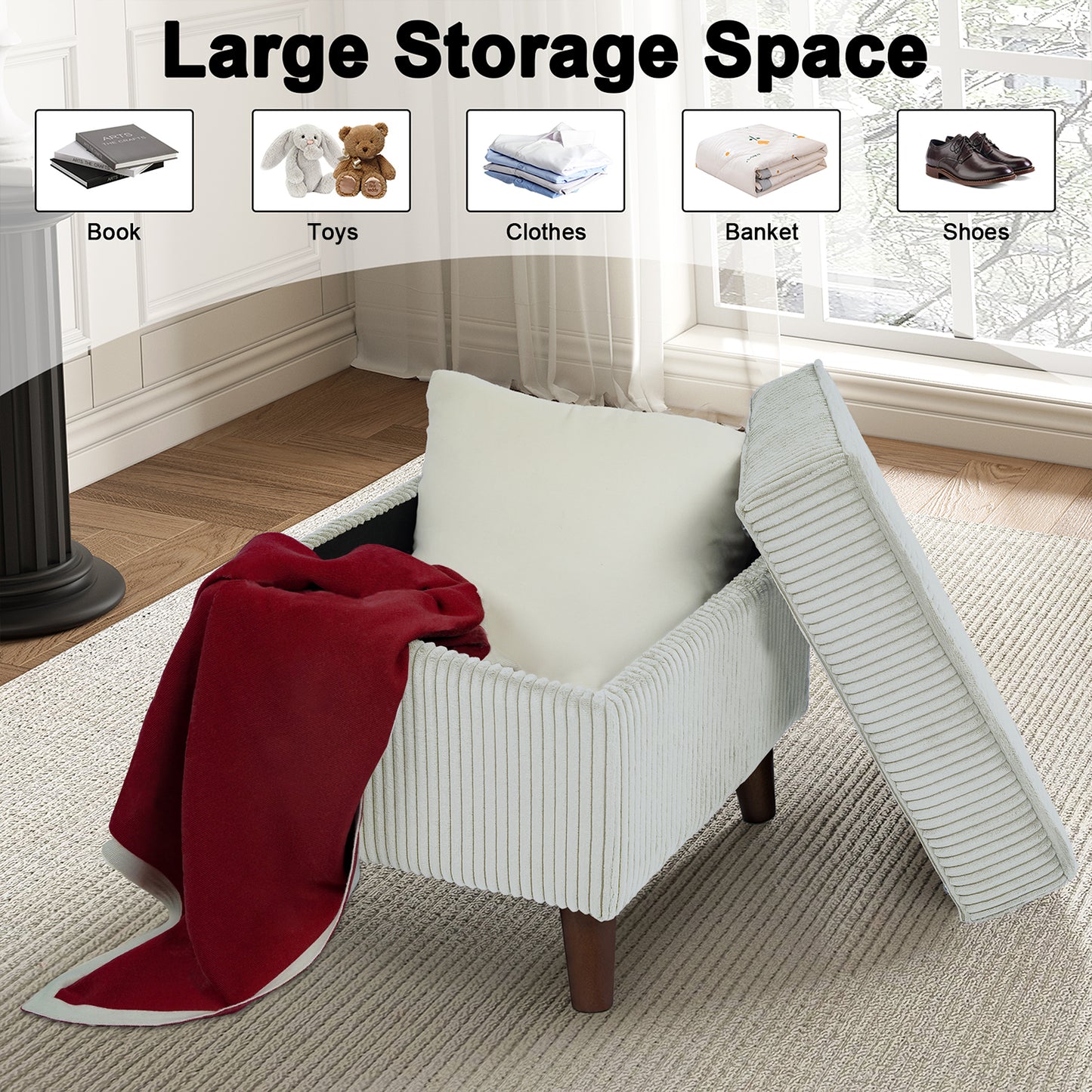 FAGAGA Large Storage Ottoman, Adjustable Foot Stool for Living Room, Step Stool Ottoman with Storage, Upholstered Corduroy Foot Rest for Bedroom, Dorm