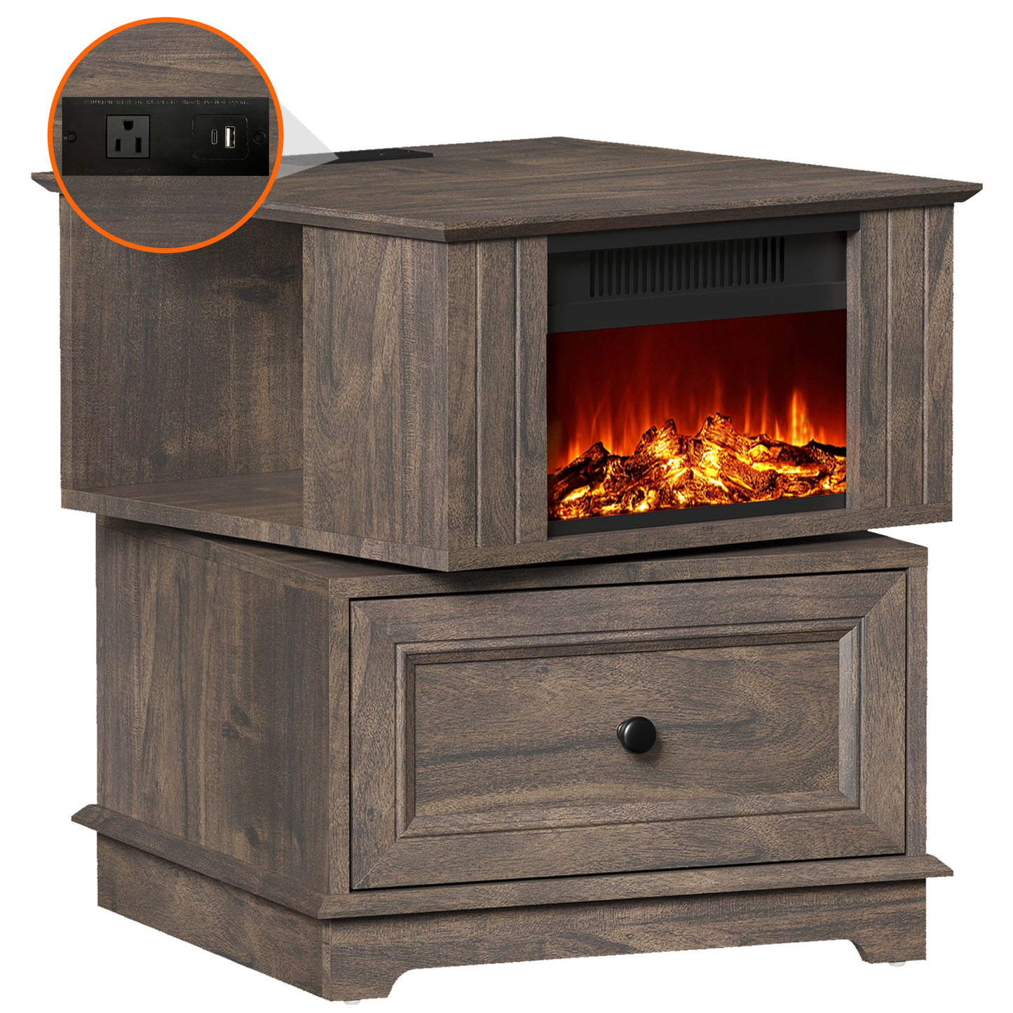 FAGAGA 19.7'' Fireplace End Table with Charging Station, Rotating Square Storage Side Table,Nightstand with Electric Fireplace Heater for Bedroom Living Room