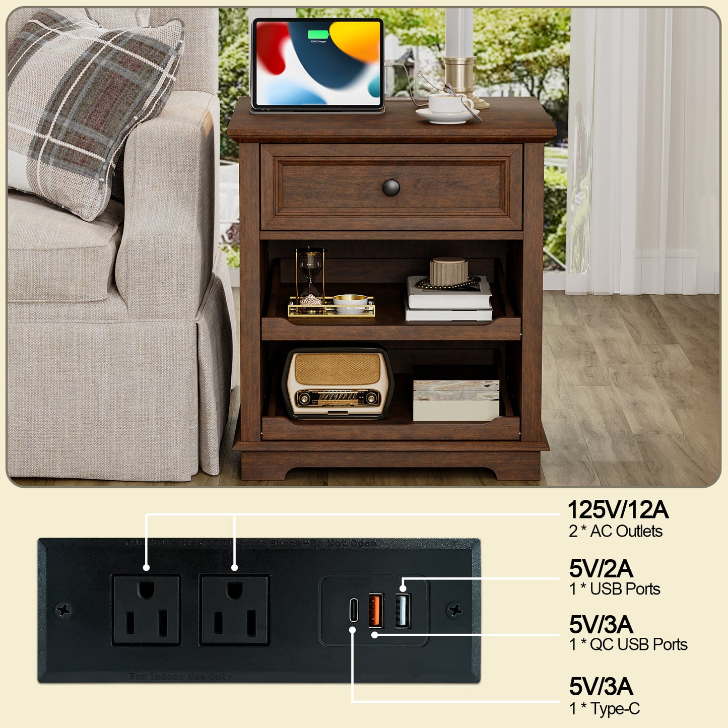 FAGAGA Farmhouse End Table with Charging Station, Side Table with Drawer & Storage Shelf, Nightstand for Living Room Bedroom, Dorm, Office