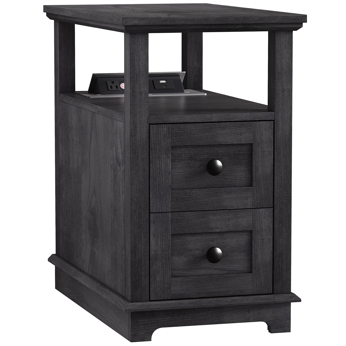 FAGAGA End Table with Charging Station, Vintage Sofa Side Table with 2 Drawers, Wood Rustic Nightstand with Open Storage Shelf for Bedroom, Living Room, Office