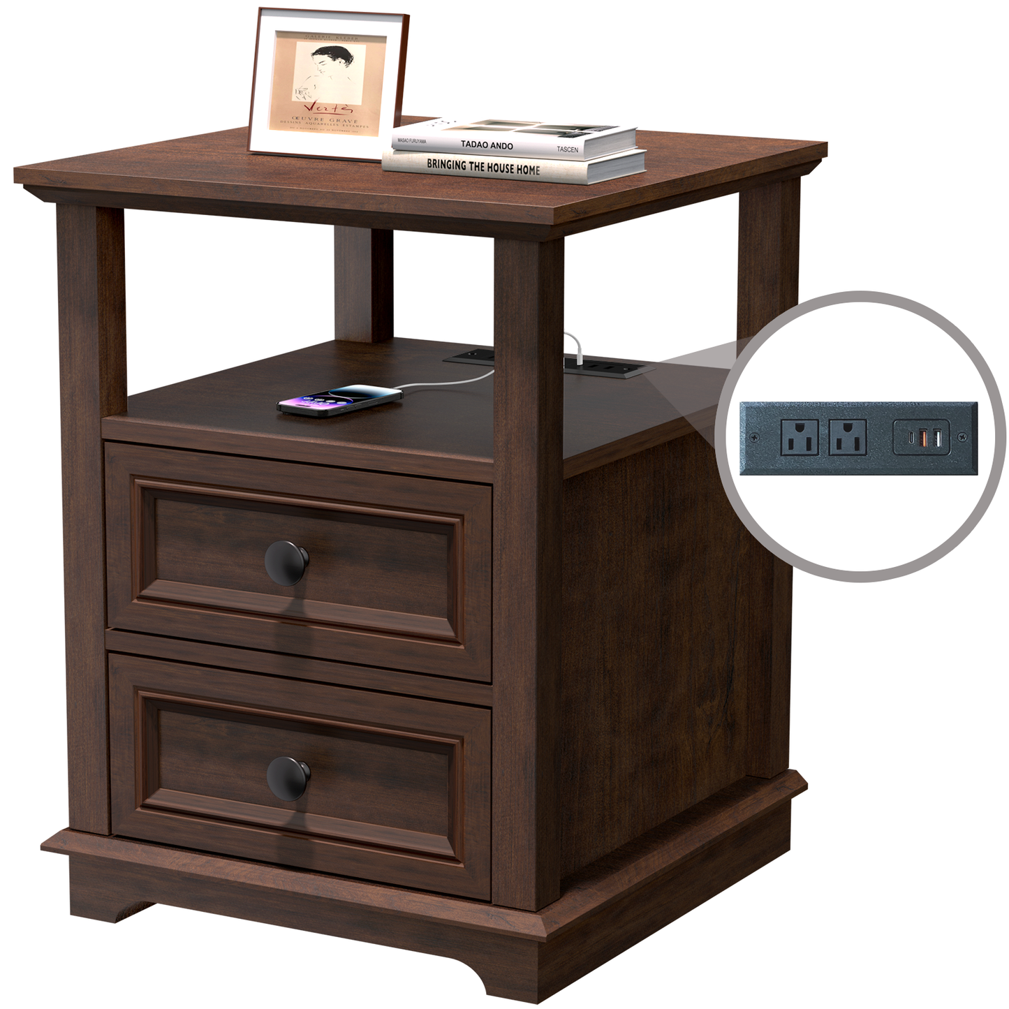 FAGAGA End Table with Fast USB C Charging Station, 24" Tall Sofa Side Table with 2 Drawers, Large Storage Rustic Wood Square Nightstand for Living Room, Bedroom, Office