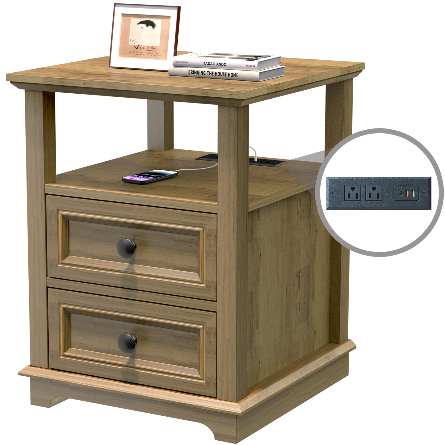 FAGAGA End Table with Fast USB C Charging Station, 24" Tall Sofa Side Table with 2 Drawers, Large Storage Rustic Wood Square Nightstand for Living Room, Bedroom, Office