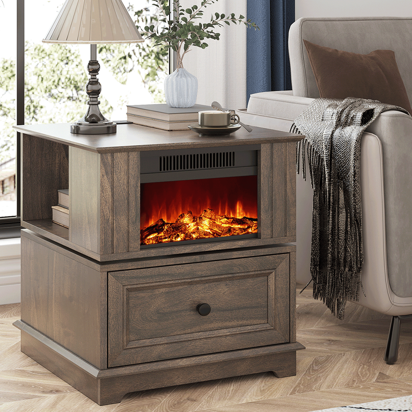 FAGAGA 19.7'' Fireplace End Table with Charging Station, Rotating Square Storage Side Table,Nightstand with Electric Fireplace Heater for Bedroom Living Room