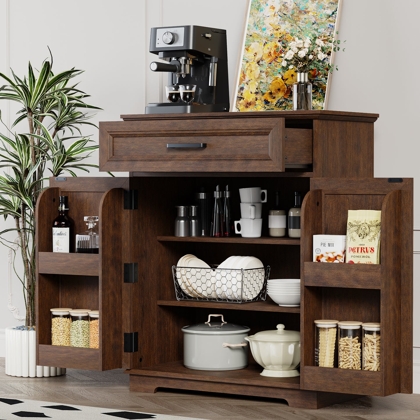 FAGAGA Modern Coffee Bar Cabinet, 30" Kitchen Buffet Cabinet with Storage, Farmhouse Wood Sideboard with Drawer for Kitchen, Dining Room, Reception Room