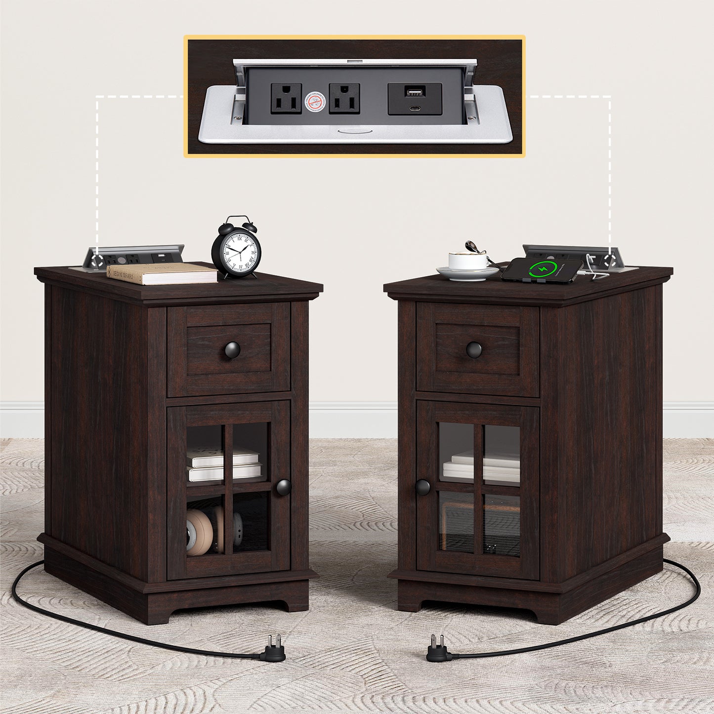FAGAGA Narrow End Table with Charging Station, 23.6" Tall Sofa Side Table with Drawers, Mid-Century Wood Bedside Tables with Large Storage Space for Bedroom, Living Room