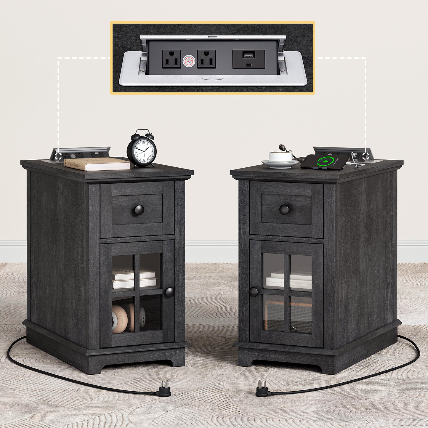 FAGAGA Narrow End Table with Charging Station, 23.6" Tall Sofa Side Table with Drawers, Mid-Century Wood Bedside Tables with Large Storage Space for Bedroom, Living Room