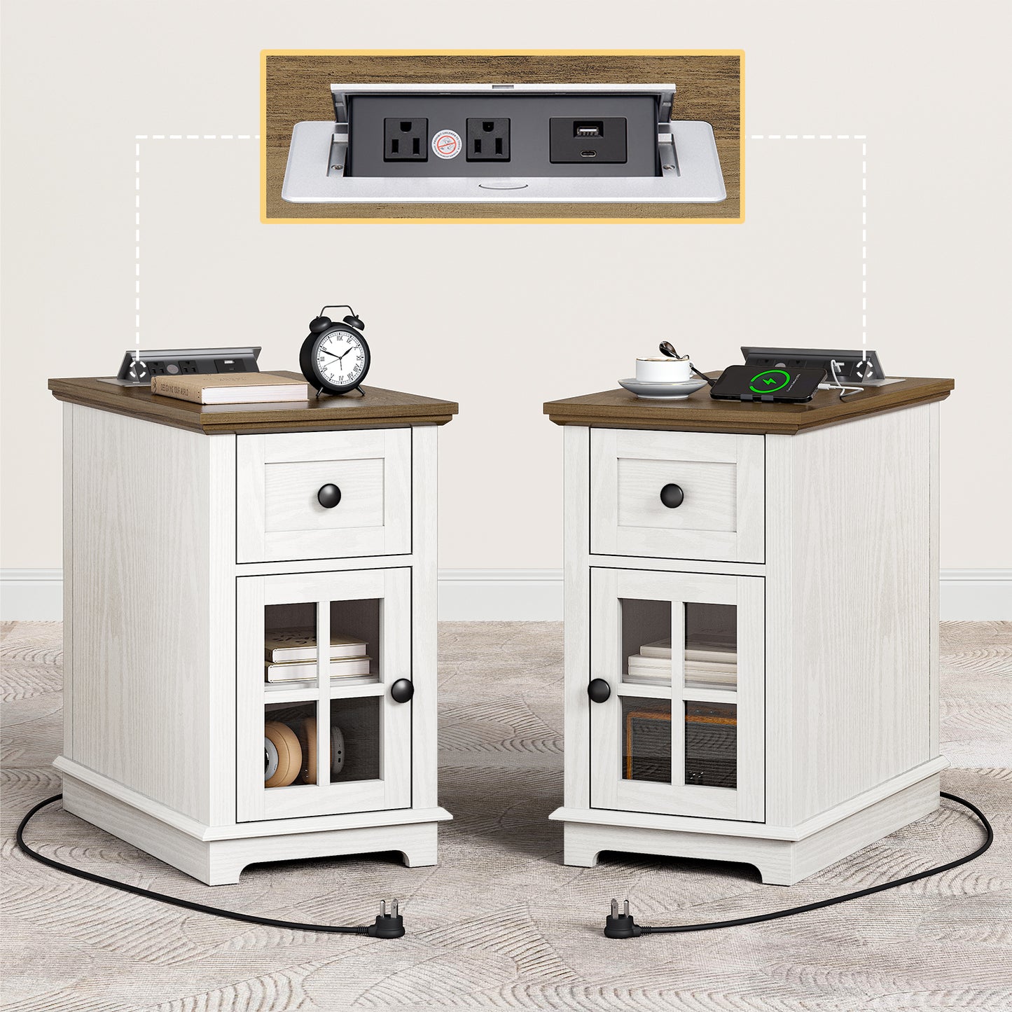 FAGAGA Narrow End Table with Charging Station, 23.6" Tall Sofa Side Table with Drawers, Mid-Century Wood Bedside Tables with Large Storage Space for Bedroom, Living Room