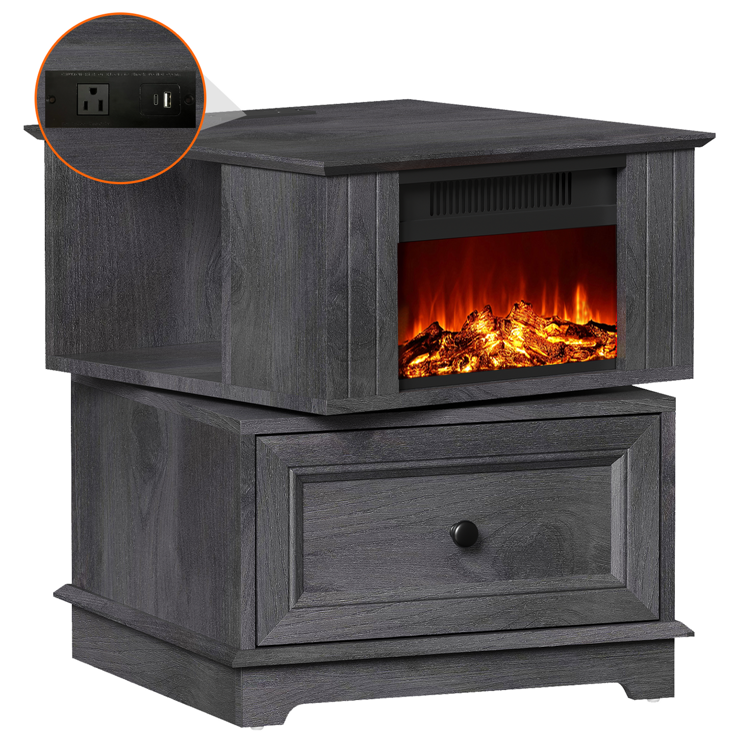 FAGAGA 19.7'' Fireplace End Table with Charging Station, Rotating Square Storage Side Table,Nightstand with Electric Fireplace Heater for Bedroom Living Room
