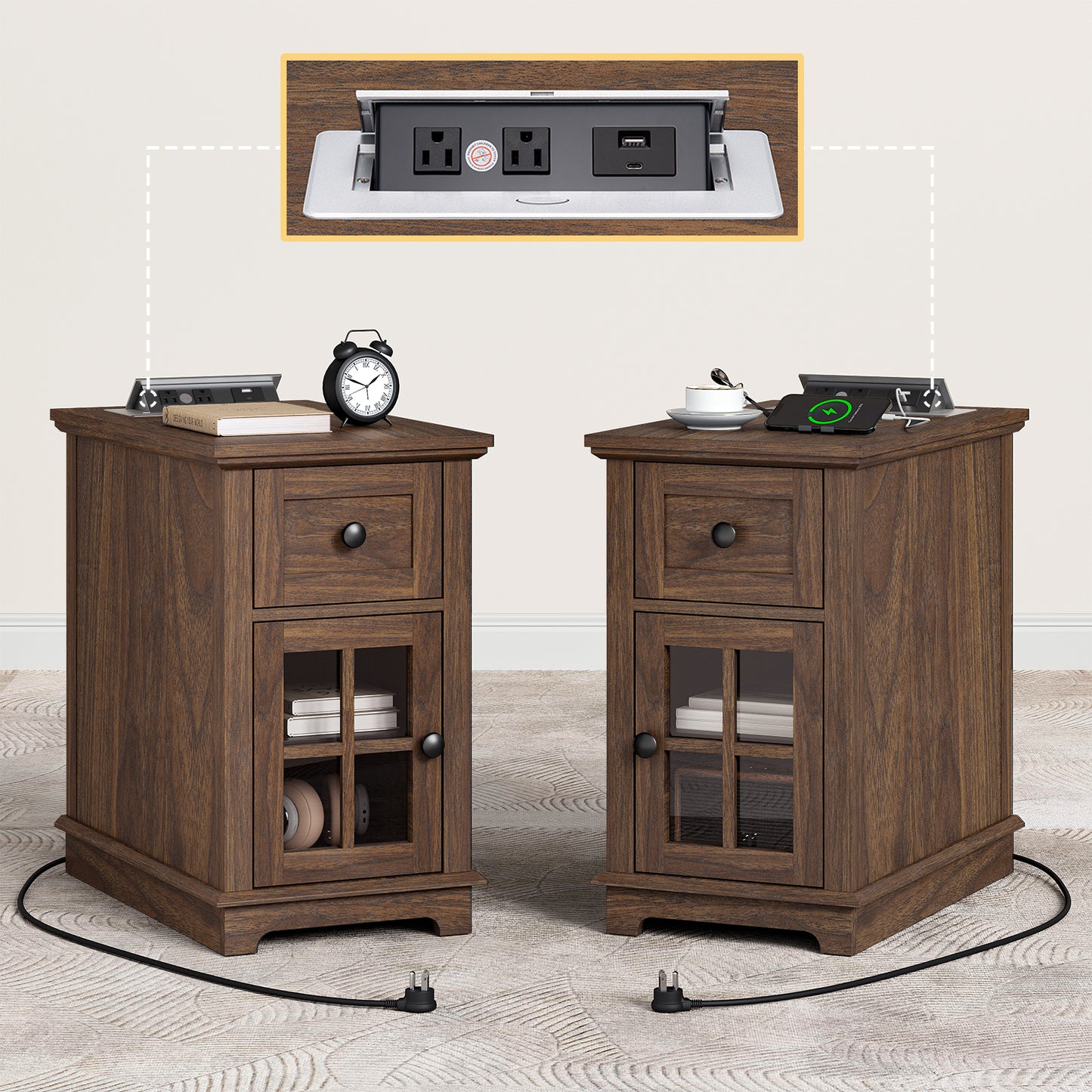 FAGAGA Narrow End Table with Charging Station, 23.6" Tall Sofa Side Table with Drawers, Mid-Century Wood Bedside Tables with Large Storage Space for Bedroom, Living Room