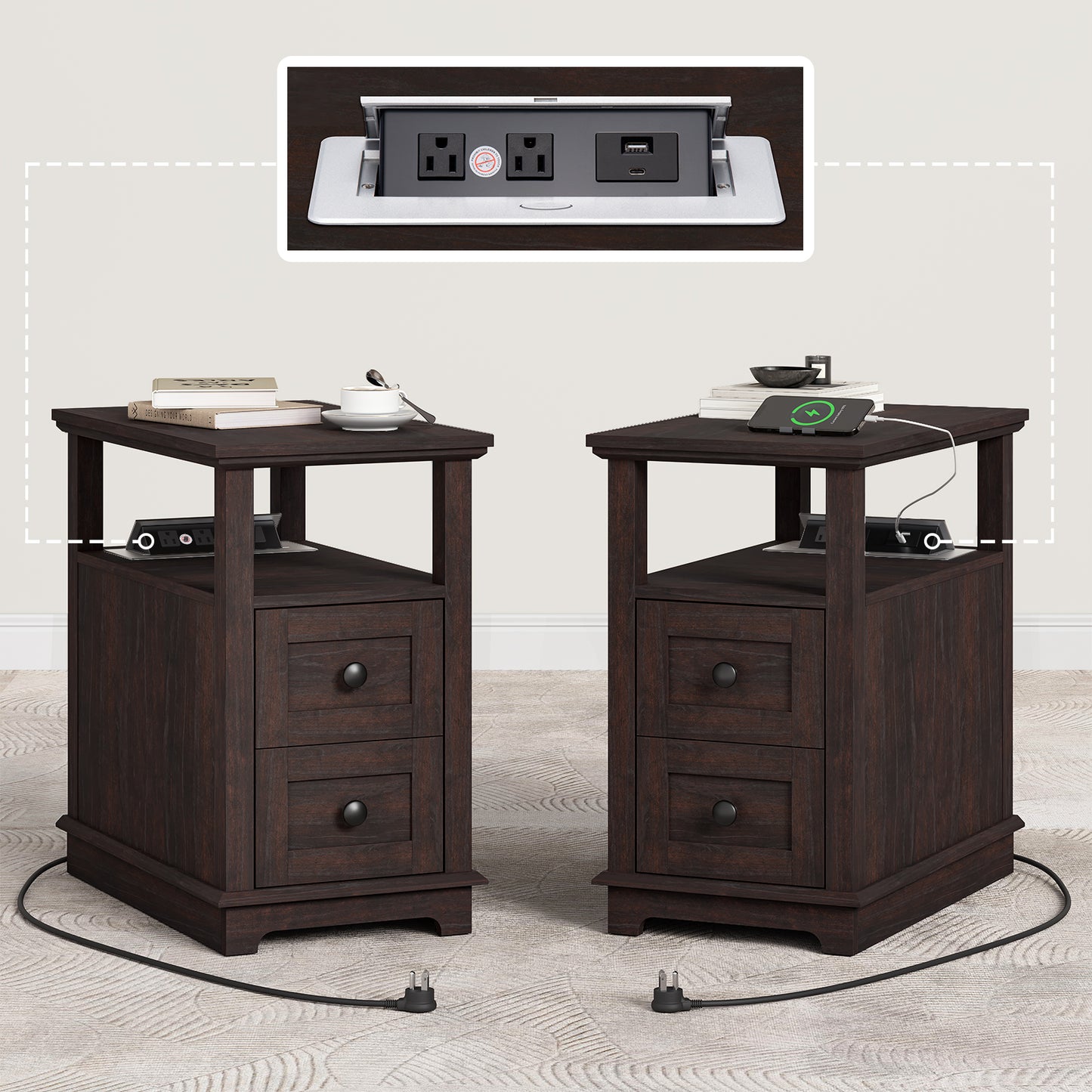 FAGAGA End Table with Charging Station, Vintage Sofa Side Table with 2 Drawers, Wood Rustic Nightstand with Open Storage Shelf for Bedroom, Living Room, Office