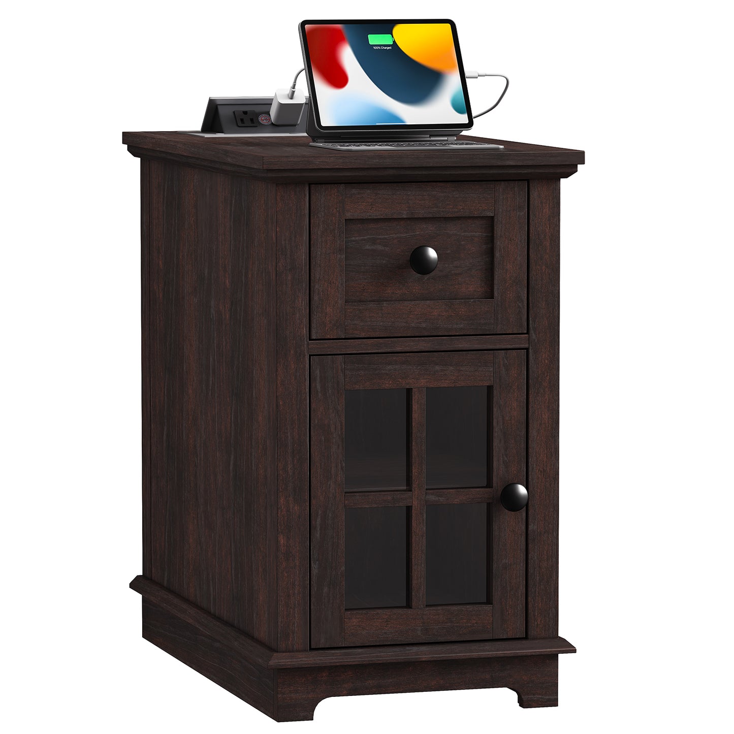 FAGAGA Narrow End Table with Charging Station, 23.6" Tall Sofa Side Table with Drawers, Mid-Century Wood Bedside Tables with Large Storage Space for Bedroom, Living Room