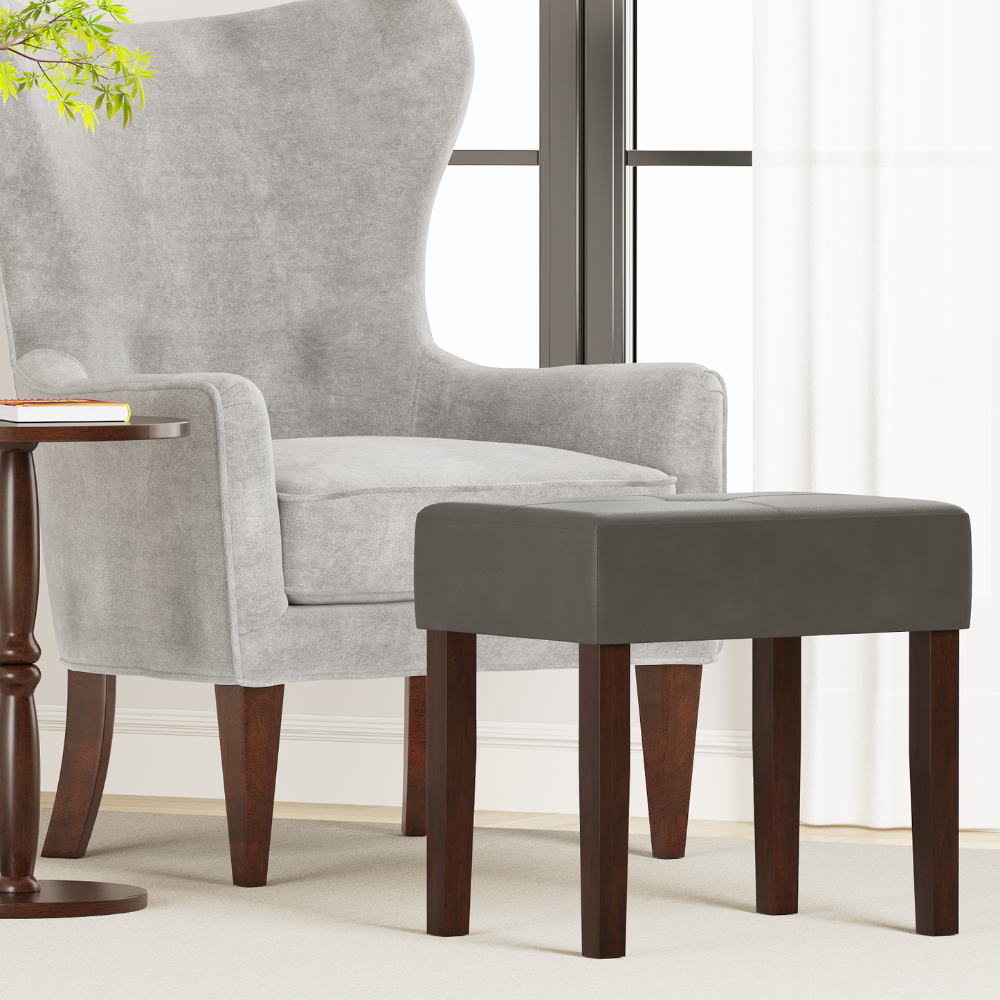 FAGAGA PU Leather Bench with Wood Legs Makeup Chair for Vanity, Modern Accent Ottoman Footstool for Makeup Room, Living Room, Bedroom, Entryway