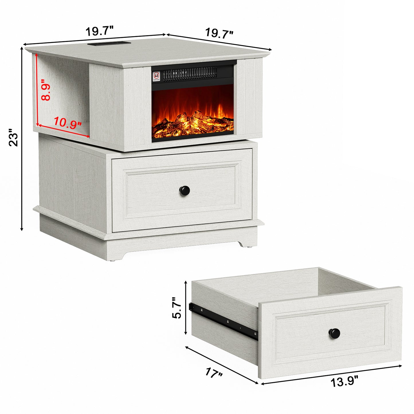FAGAGA 19.7'' Fireplace End Table with Charging Station, Rotating Square Storage Side Table,Nightstand with Electric Fireplace Heater for Bedroom Living Room