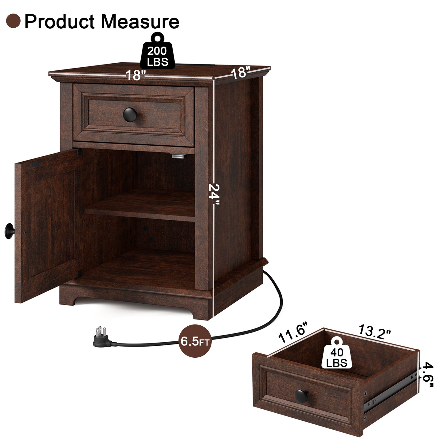 FAGAGA End Table with Fast USB C Charging Station, 24" Tall Sofa Side Table with Magnetic Door and Adjustable Storage Shelf, Wooden Square Storage Cabinet for Living Room, Bedroom, Office