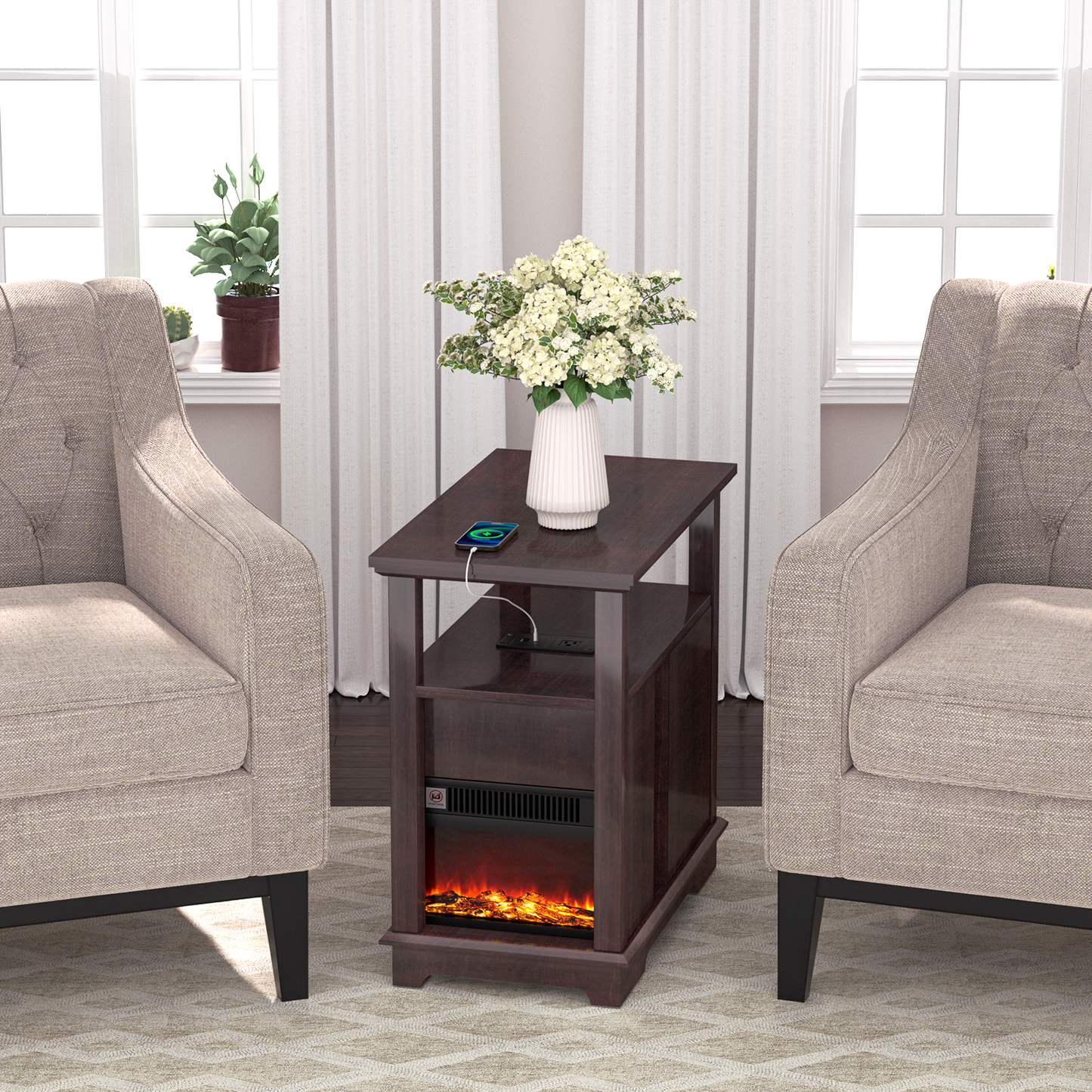 FAGAGA 14.7" Fireplace End Table with Charging Station, Storage Narrow Side Table, Wooden Nightstand with Electric Fireplace Heater for Bedroom Living Room